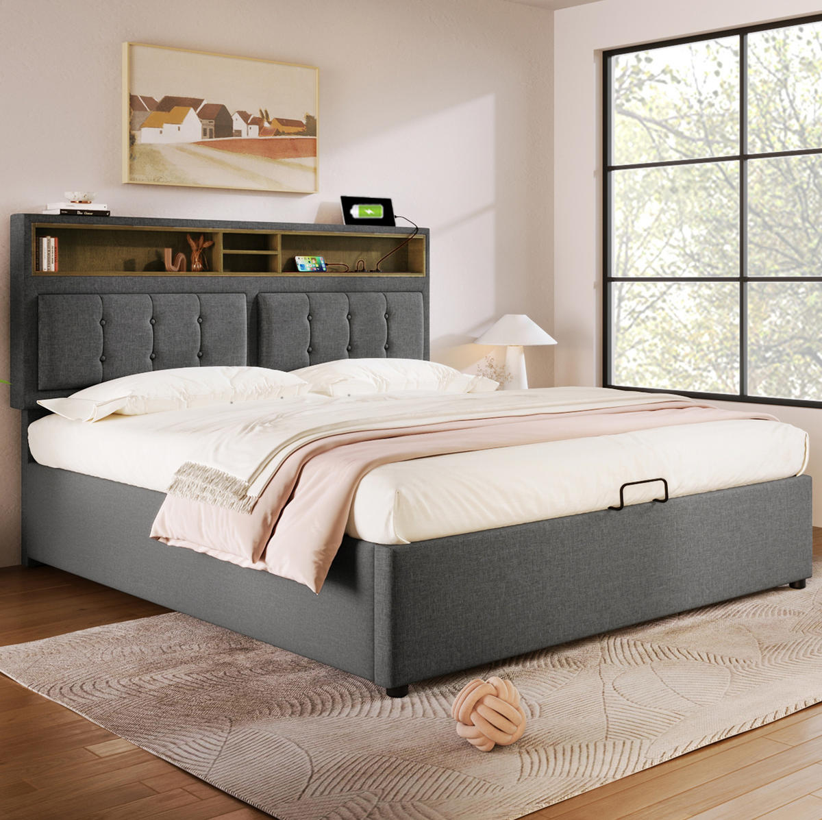POLSTERBETT mit Stauraum und USB/Typ-C 160x200 cm Leinen Grey - Grau, Metall (160/200cm) - Meubliv