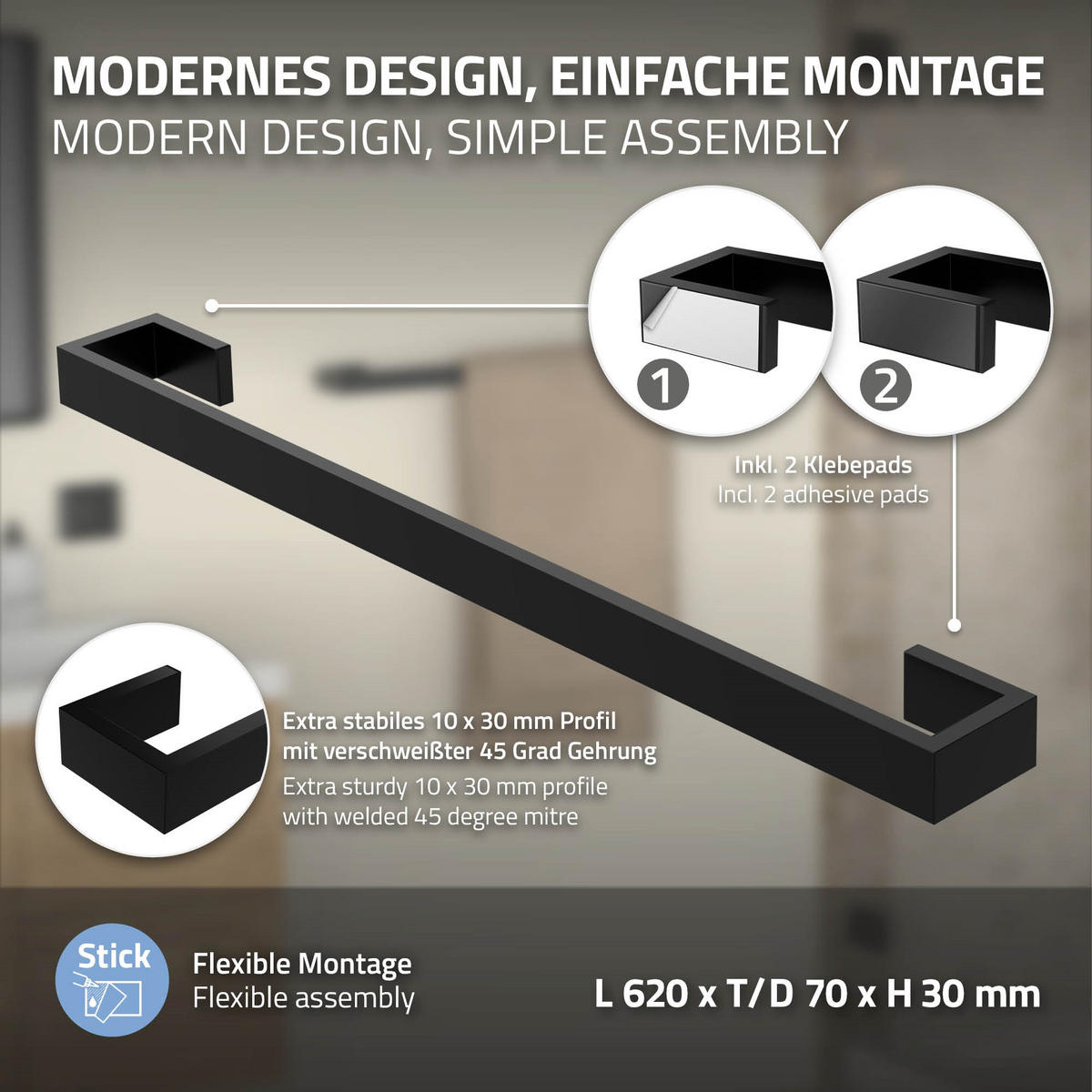 HANDTUCHSTANGE 62cm - Schwarz, Metall (62/3/7cm)