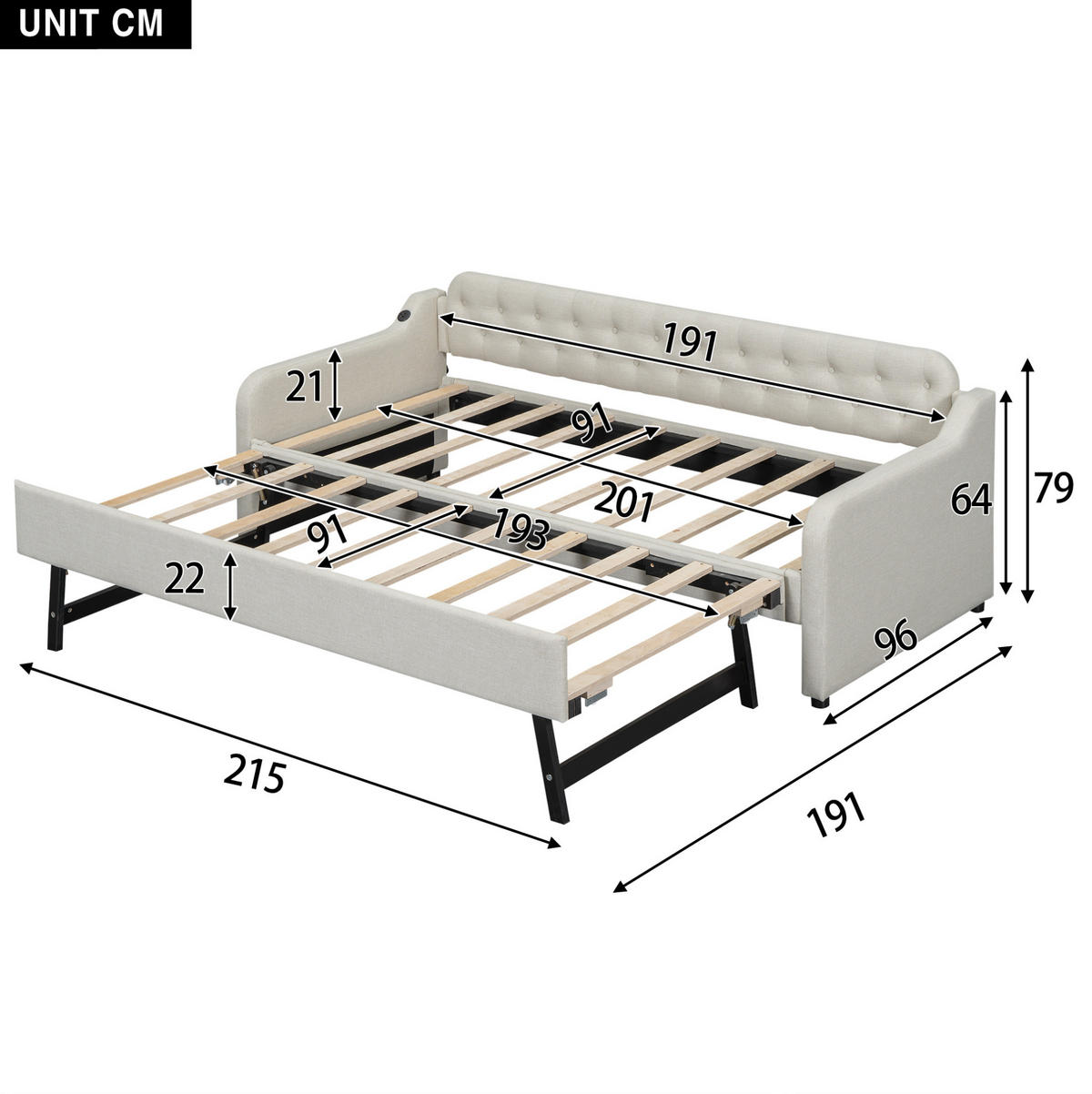 TAGESBETT 90/200 cm mit ausziehbarem Rollbett und USB-Anschluss, Beige - Beige, Textil (90/200cm) - Redom