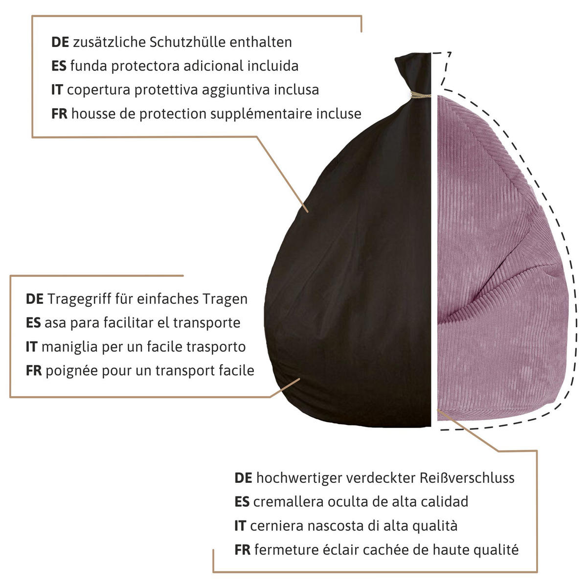 SITZSACK MIT FUßSTÜTZE Kordsamt 2-tlg Plum Smoothie M - Pflaume/Pink, Textil (80/120/80cm) - Dreamroots