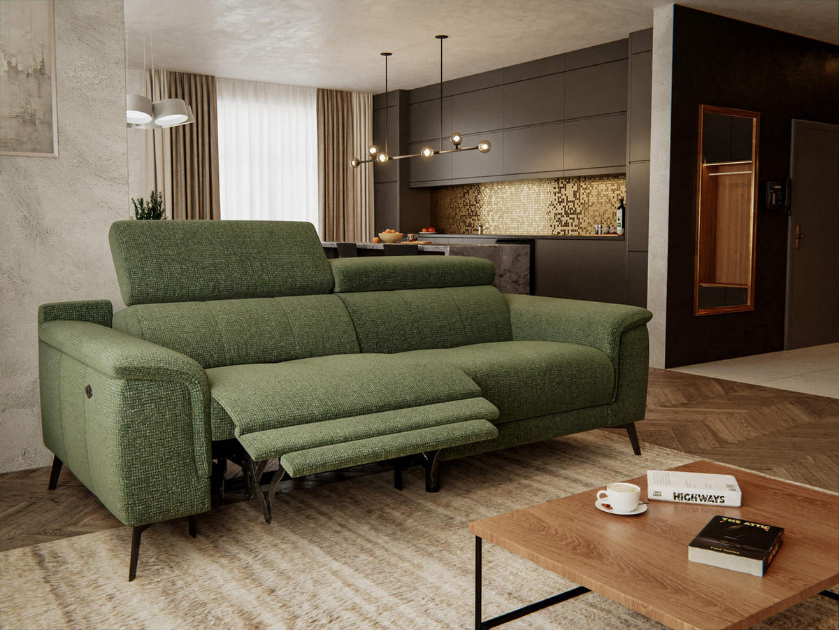 RELAXSOFA FIERO 3-Sitzer mit 1 Relaxfunktion, olivgrün - Schwarz/Olivgrün, Holzwerkstoff/Textil (212/82/103cm) - Courtois Laville