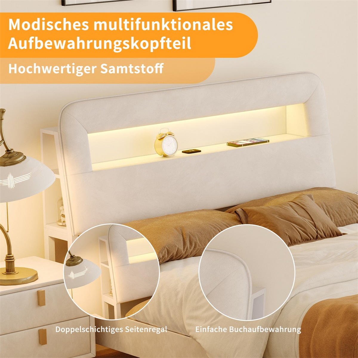 POLSTERBETT 140 x 200 cm - offene Seitenregale mit LED-Beleuchtung und Schubladen - ohne Matratze - Cremeweiß - Creme, Textil (140/200cm) - DELFA