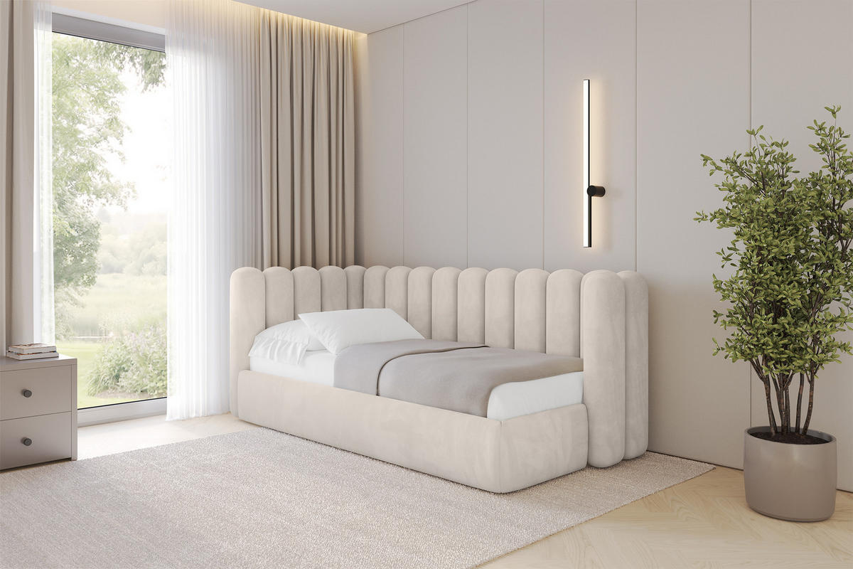 EINZELLBETT Jugendbett mit Bettkasten und Matratze H3/H4, Rechts - HUGY 100x200 Beige - Sandfarben, Holzwerkstoff/Textil (100/200cm) - ALTDECOR