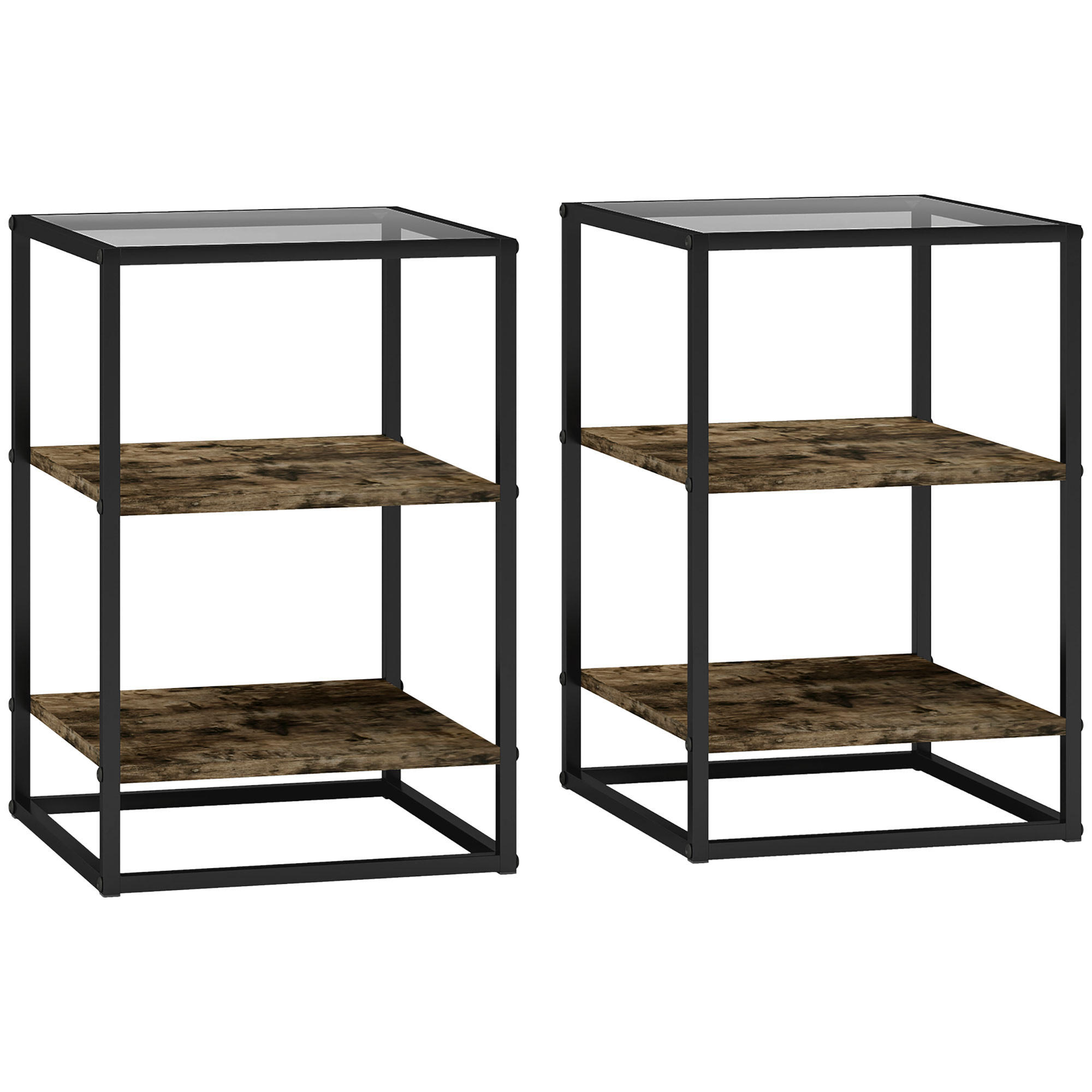 BEISTELLTISCH 2er-Set mit Glasplatte, 37 x 40 x 55,5 cm, Rustikales Braun - Braun, Glas (40/37/55.5cm) - HOMCOM