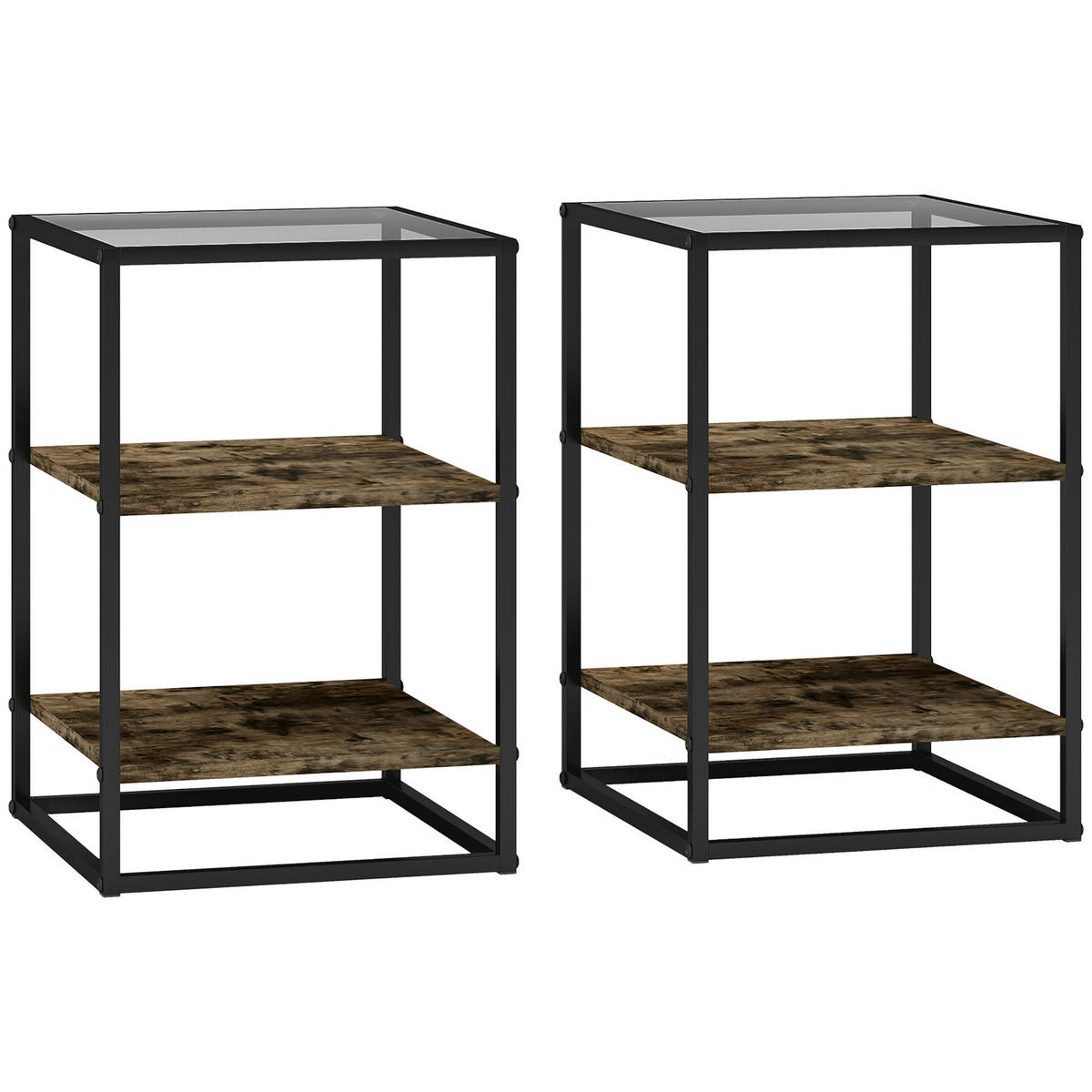 BEISTELLTISCH 40/37/55,5 cm Rustikales Braun mit gehärteter Glasplatte 2er-Set - Braun, Metall (37/40/55.5cm) - OKWISH