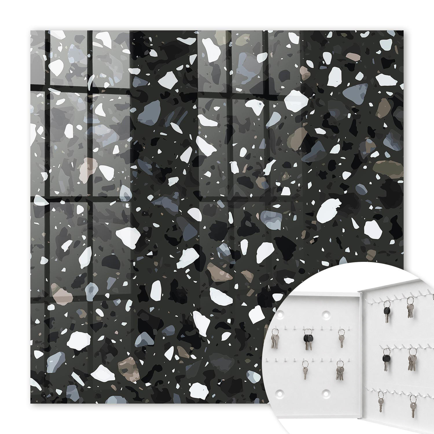 SCHLÜSSELBOX Weiß 30x30 cm – Türöffnung nach rechts - Stilvolles Mosaik - Schwarz, Metall (30/30/5cm) - TULUP