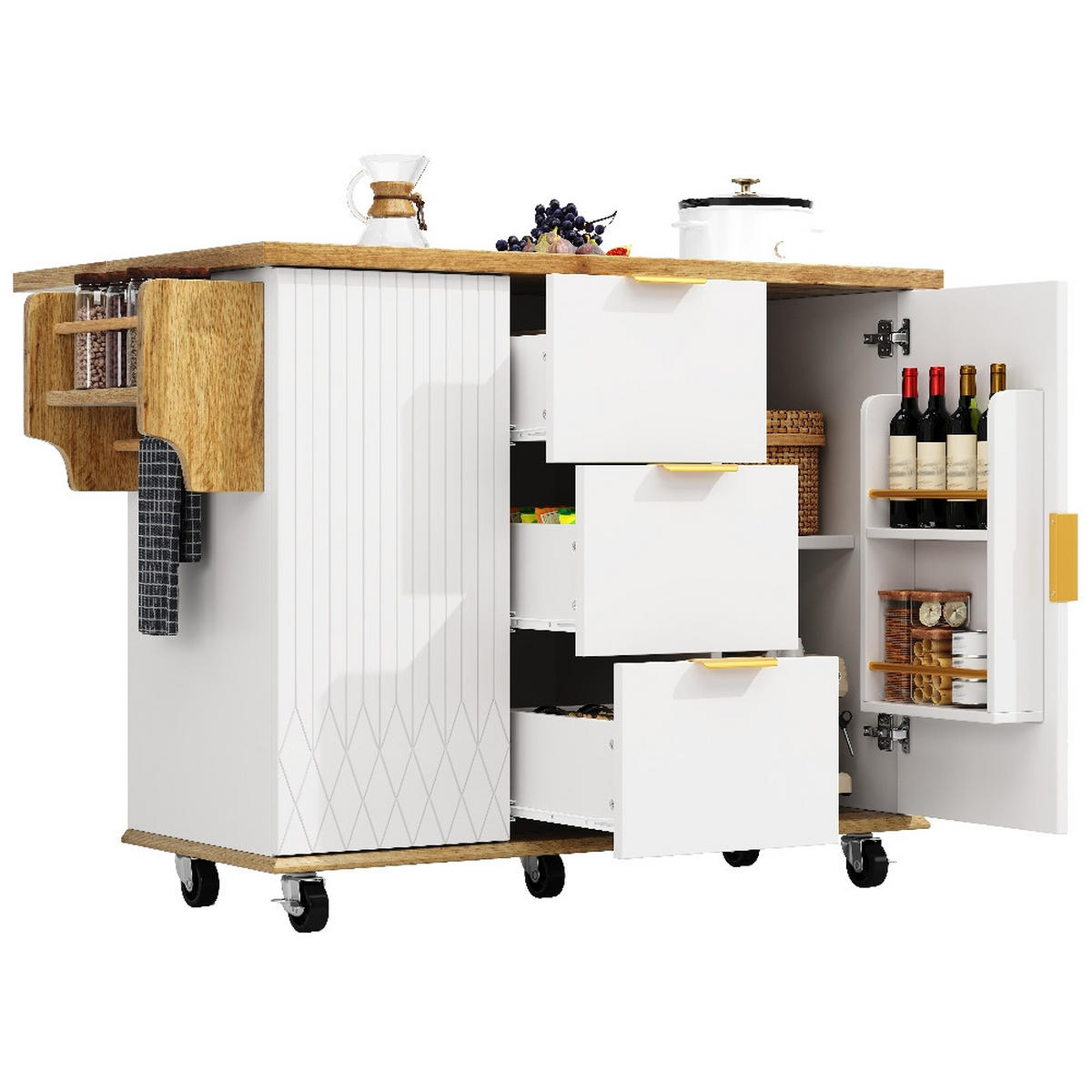 KÜCHENINSEL mit Stromanschluss und ausklappbarer Arbeitsplatte, Weiß-Holzoptik, 134/46/88 cm - Weiß, Kunststoff (46/88/134cm) - Rolipo