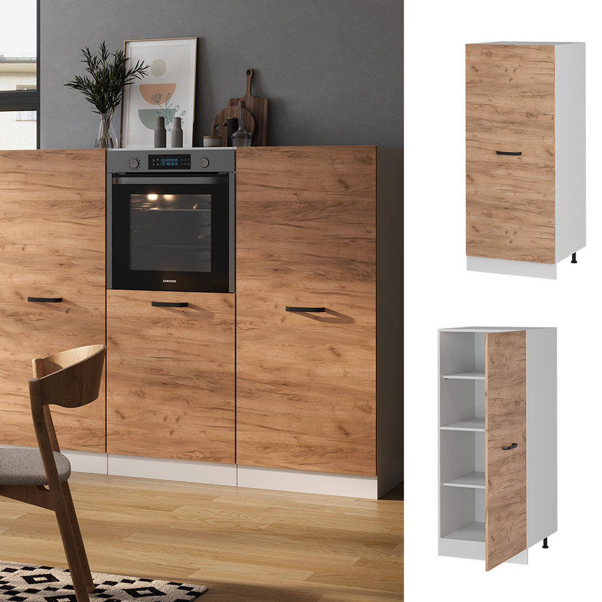 VORRATSSCHRANK R-Line Goldkraft Eiche 60 cm - Honigeiche/Weiß, Holzwerkstoff (60/143/57cm) - Vicco