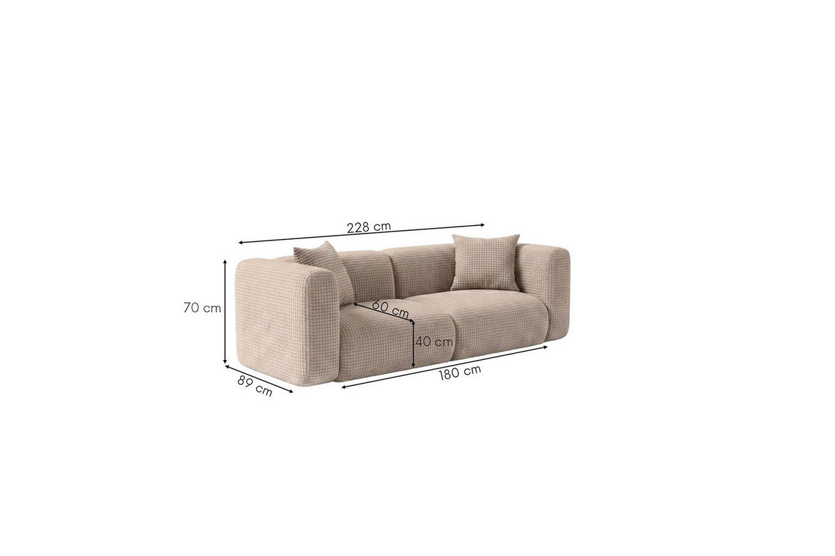 SOFA 2-Sitzer, Chenille-Stoff Cremona, Beige, GRETA - Beige, Holz (228/70/89cm) - Kaiser Möbel