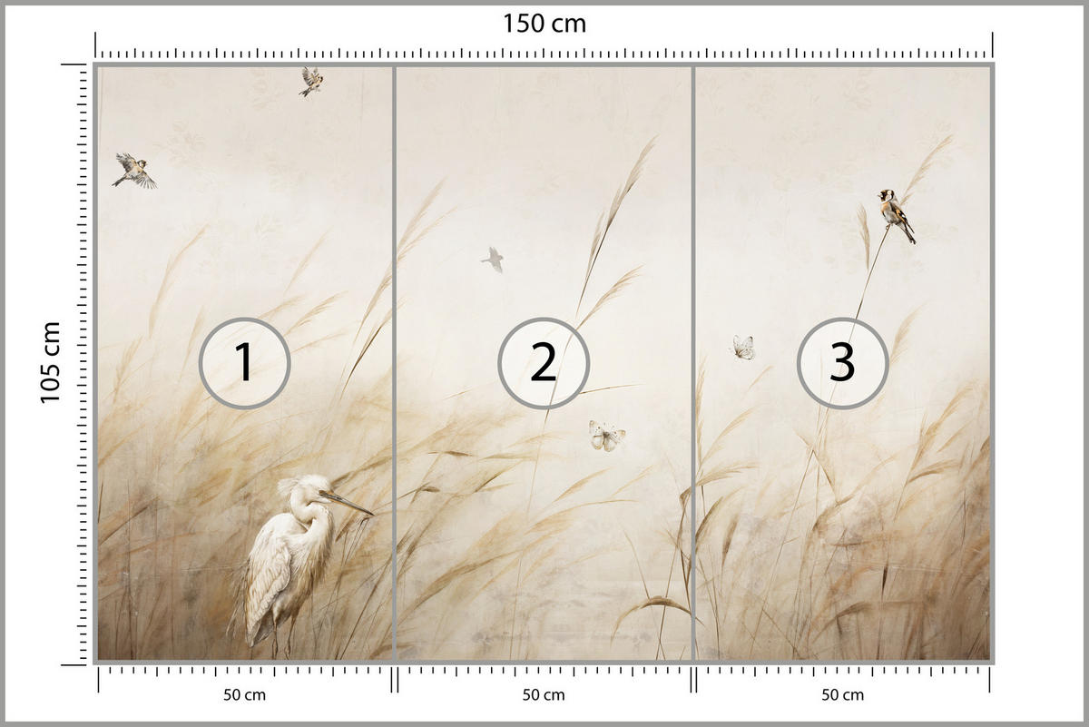 FOTOTAPETE für Schlafzimmer Vögel Storch Hohe Gräser Aquarell 150x105 - Beige/Gelb, Papier (150/105cm) - Muralo