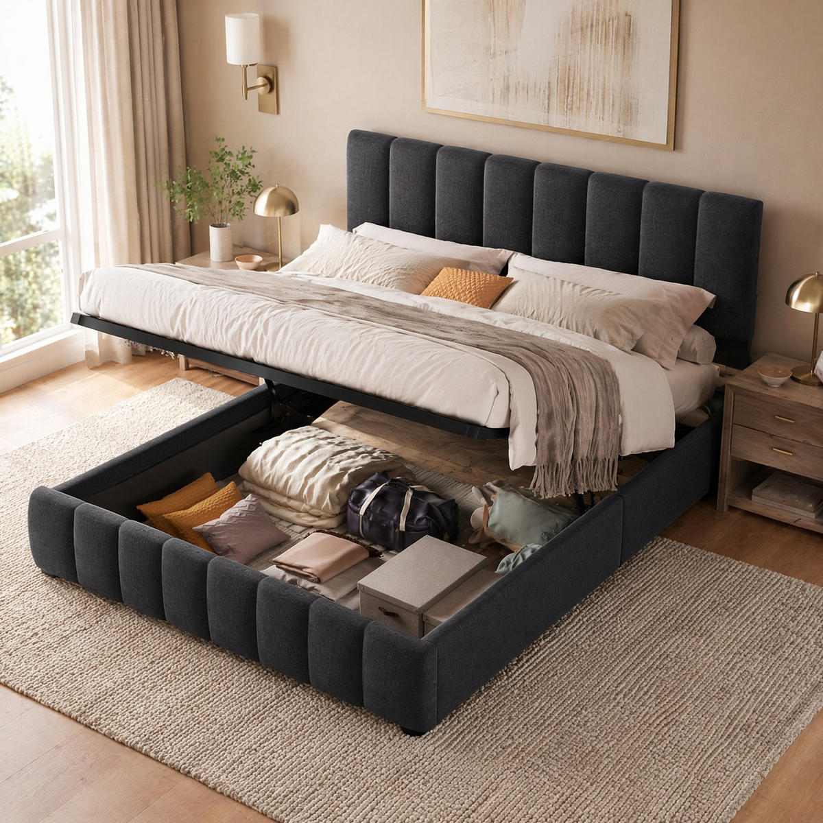 POLSTERBETT 140/200 mit Bettkasten und verstellbarem Kopfteil in Grau - Grau, Holzwerkstoff/Textil (140/200cm) - EVRYAE