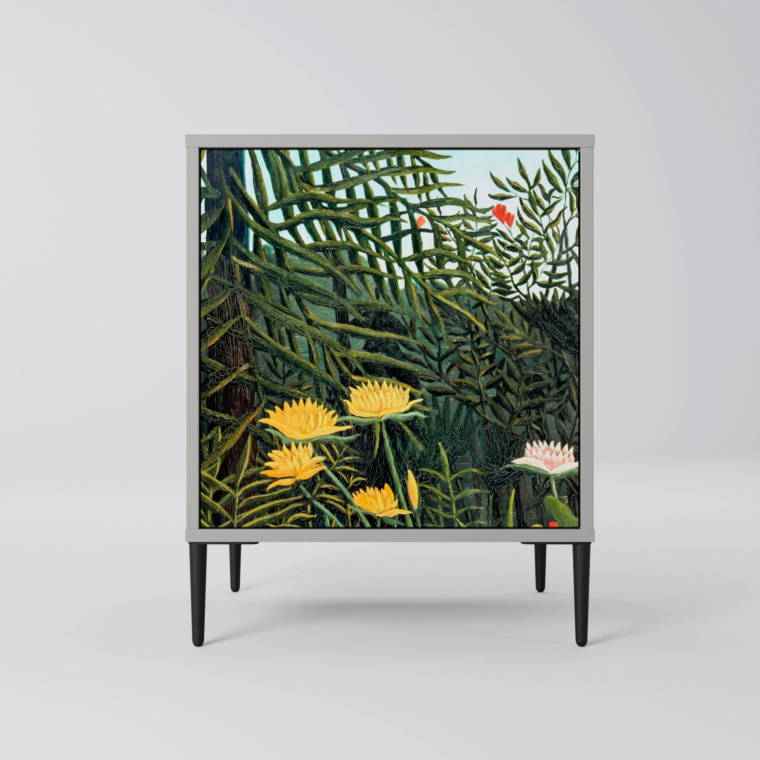 SIDEBOARD VIRGIN FOREST WITH SUNSET, Grau, 57,5x42x72,5 cm, Schwarze Metallfüße - Multicolor/Schwarz, Holzwerkstoff/Metall (57.5/72.5/42cm) - SpaceRebels