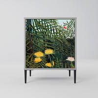 SIDEBOARD VIRGIN FOREST WITH SUNSET, Grau, 57,5x42x72,5 cm, Schwarze Metallfüße - Multicolor/Schwarz, Holzwerkstoff/Metall (57.5/72.5/42cm) - SpaceRebels