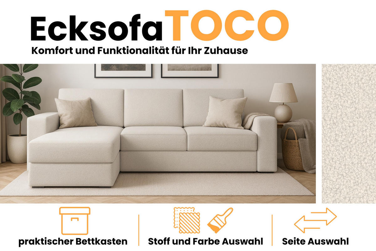 ECKSOFA TOCO L 240x145 cm in Boucle Ecru links - Hellgrau, Holz/Holzwerkstoff (240/145cm) - Deine Möbel 24