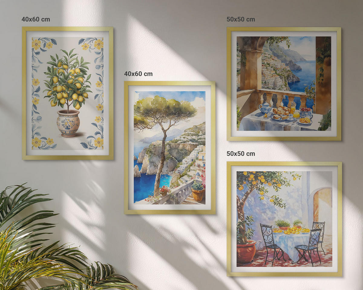 WANDBILDER 4er Set - 50x50 cm & 40x60 cm Goldrahmen - Gemälde von Zitronenbäumen - Goldfarben, Kunststoff (50/50cm) - ArtPrintCave