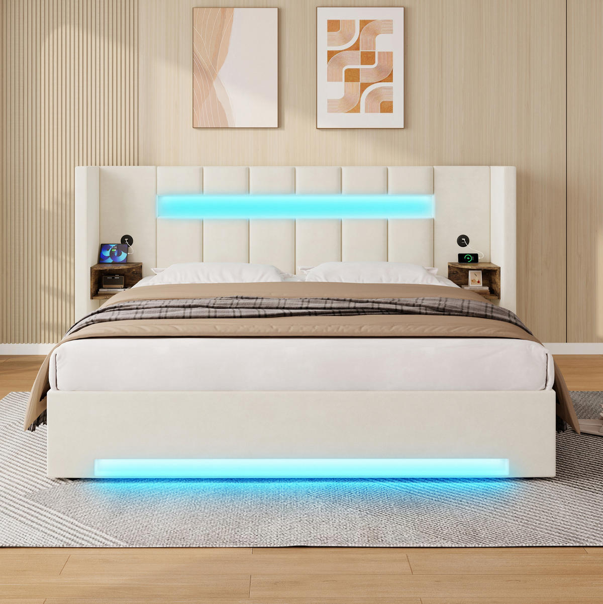 BETT mit USB, LED und Stauraum 180x200 cm Samt Beige - Beige, Metall (180/200cm) - Meubliv