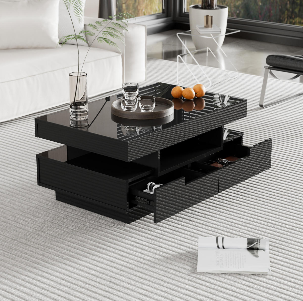 COUCHTISCH, Hochglanz-Spanplatte in Schwarz mit einstellbarer LED-Lichtleiste, 80/50/36 cm, Schwarz - Schwarz, Holzwerkstoff (80/50/36cm) - Redom