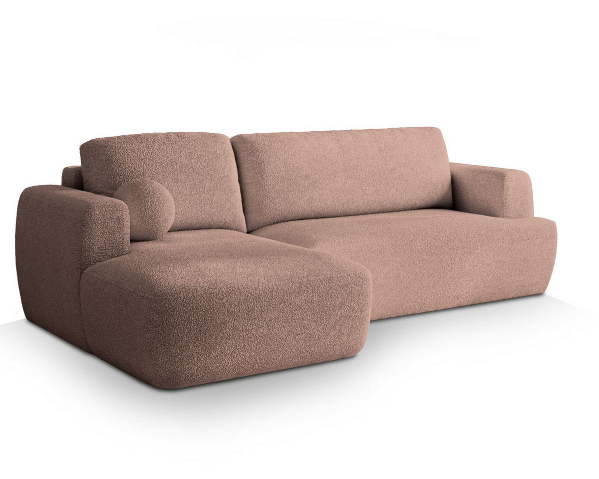 ECKSOFA SENTI N L-S Rosa Boucle-Stoff mit Schlaffunktion - Rosa, Holz (246/148cm) - MASSENO