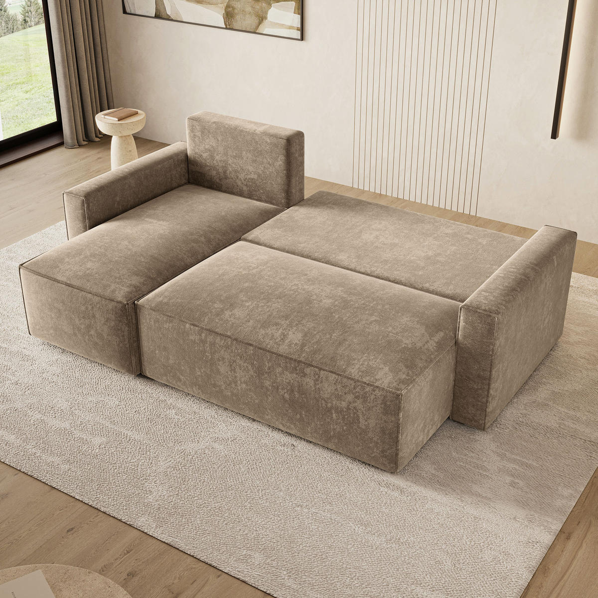 ECKSOFA POTARO LM Beige Chenille mit Schlaffunktion - Beige, Holzwerkstoff/Textil (232/140cm) - MASSENO
