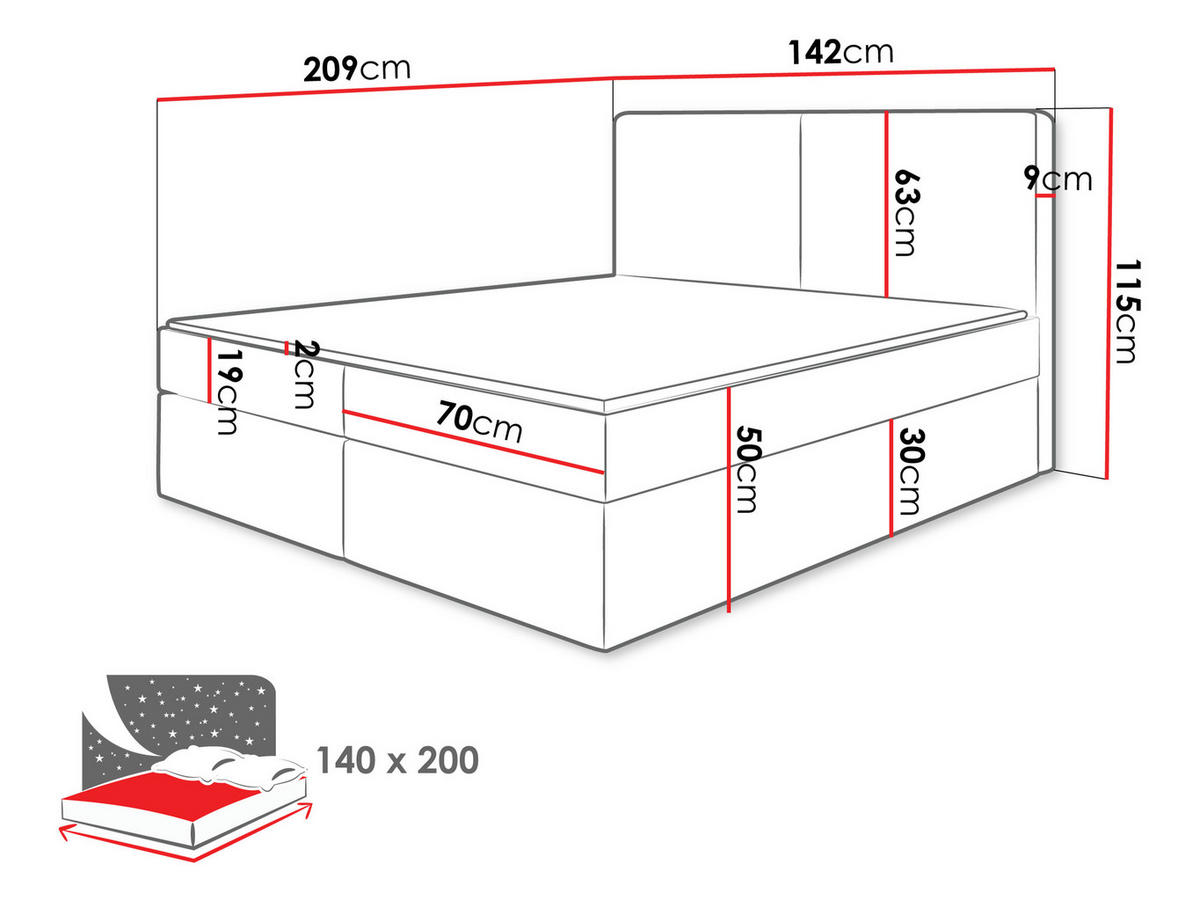 BOXBETT Claire - H3 - Schwarz, Holz/Kunststoff (140/200cm) - MIRJAN24