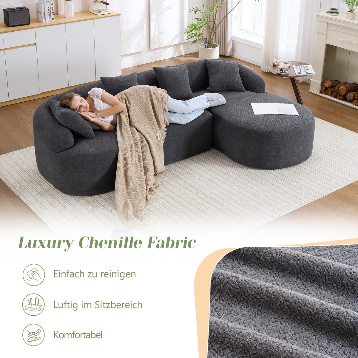 ECKSOFA Chenille Dunkelgrau werkzeugfreie Montage - Dunkelgrau, Textil (243/150cm) - WISHDOR