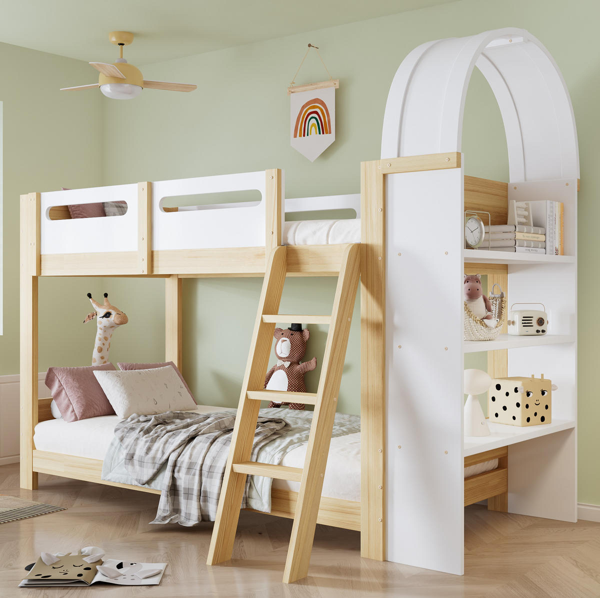 HAUSBETT 90/200 cm Weiß/Natur mit Regal und Bettgitter - Naturfarben, Holzwerkstoff (90/200cm) - Flora Grace