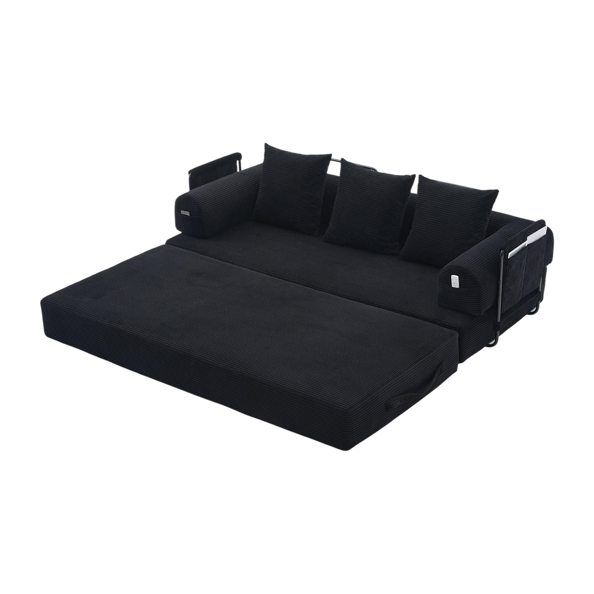 SCHLAFSOFA, Modulares Tagesbett mit Metallgestell, Klappbares Bodensofa Cordstoff, Schwarz - Schwarz, Textil (94/67/200cm) - LVHOM