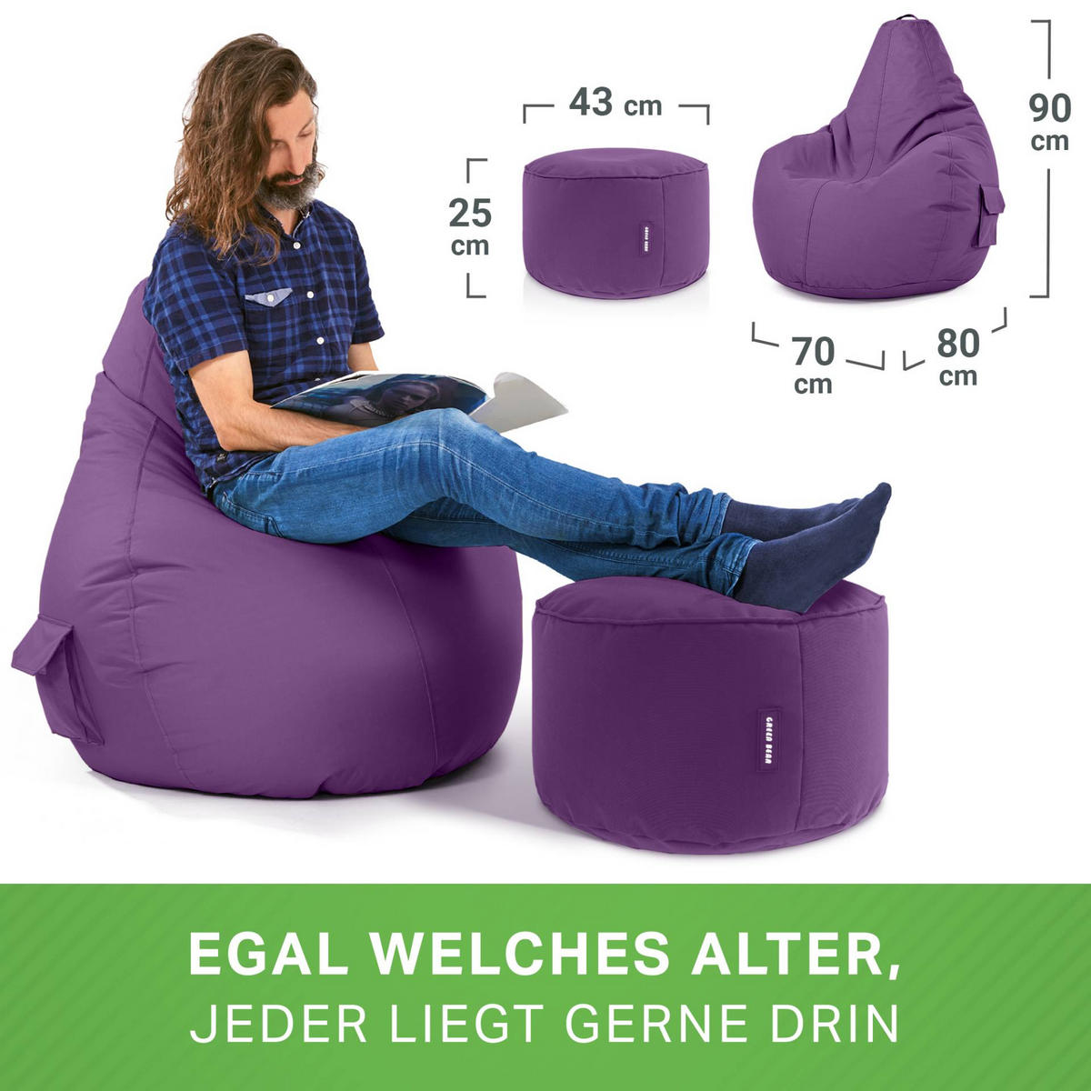 SITZSACK + Hocker "Cozy+Stay" 2er Set - Lila, Textil (70/90/80cm) - Green Bean