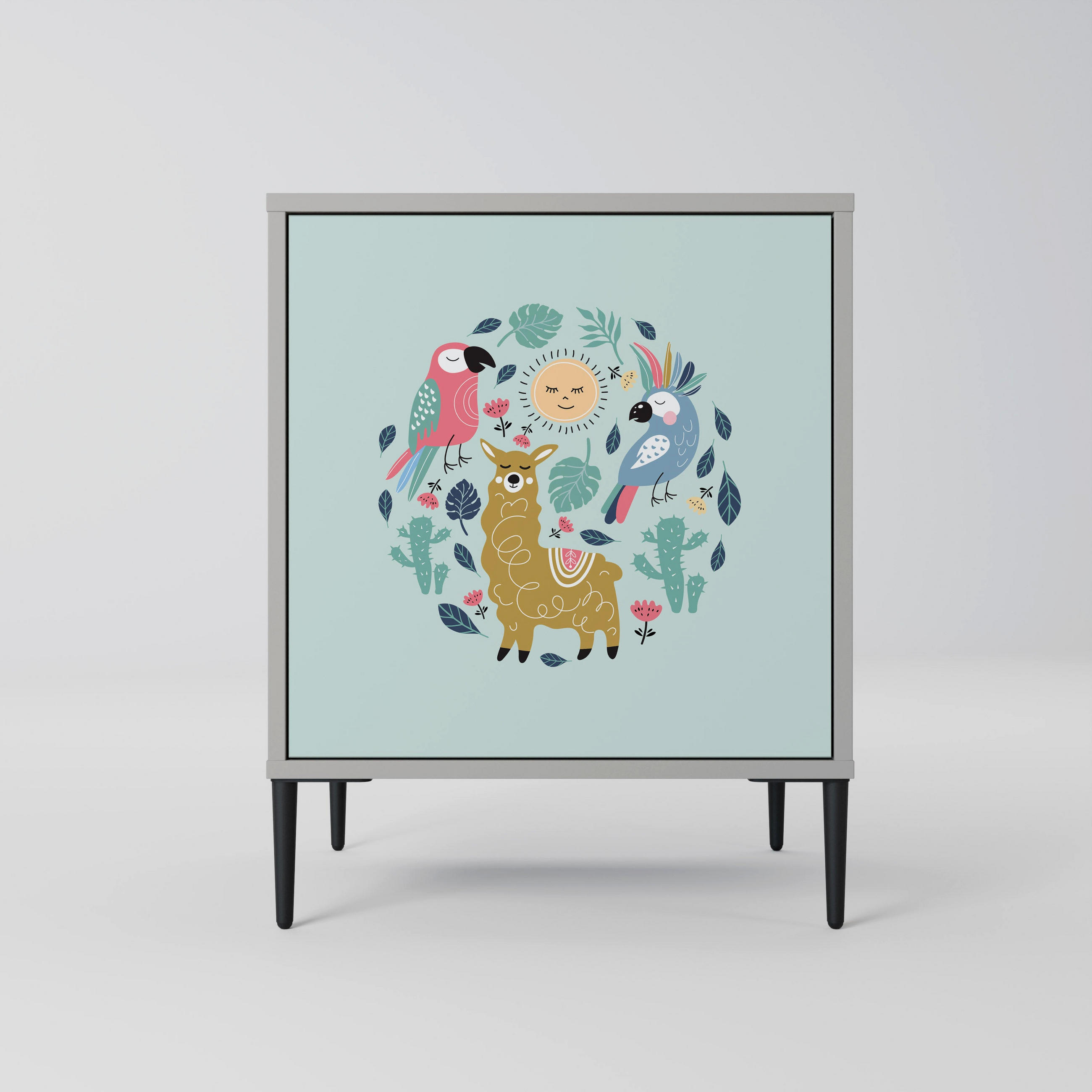 SIDEBOARD COLORFUL ALPACAS, Grau, 57,5x42x72,5 cm, Schwarze Metallfüße - Multicolor/Schwarz, Holzwerkstoff/Metall (57.5/72.5/42cm) - SpaceRebels