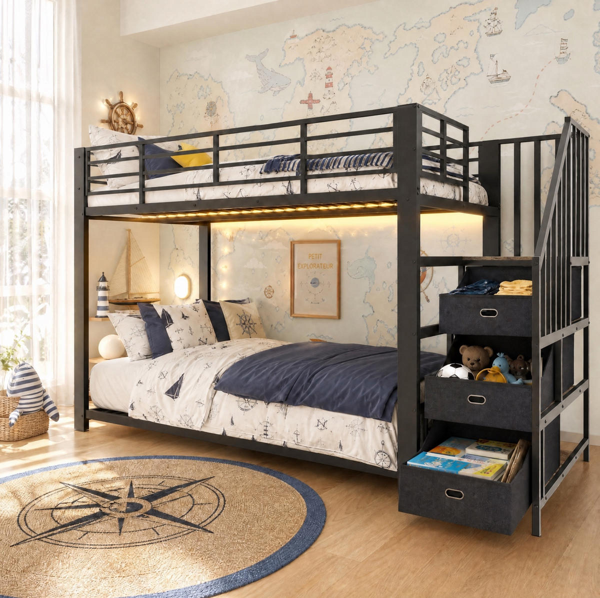 ETAGENBETT aus MDF und Metall 90x200 cm Schwarz mit Stauraumtreppe, LED-Lichtband und USB-Anschlüssen - Schwarz, Holzwerkstoff (90/200cm) - Modfu