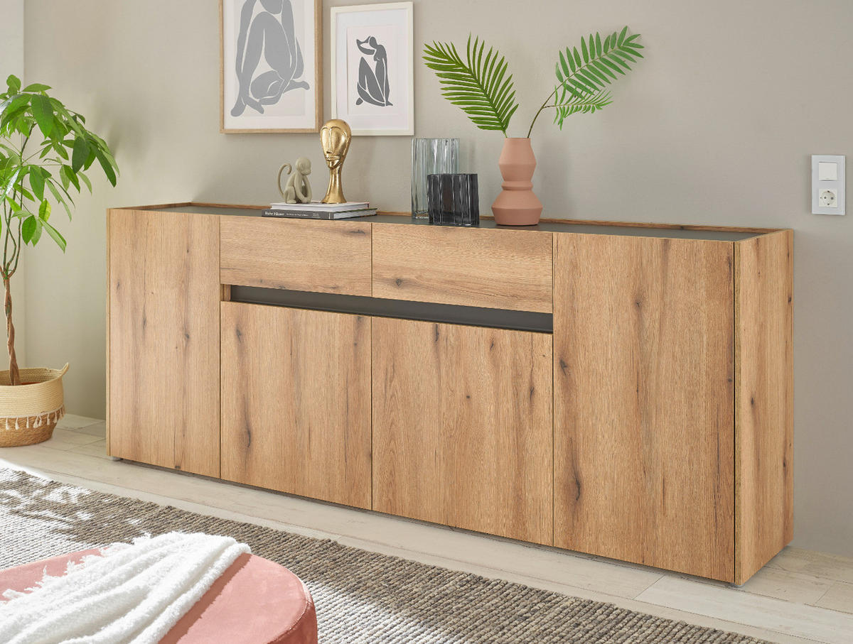 SIDEBOARD Evoke Eiche, grau, Kommode 223 x 87 cm - Eichefarben/Silberfarben, Holz/Holzwerkstoff (312/198/42cm) - Furn.Design