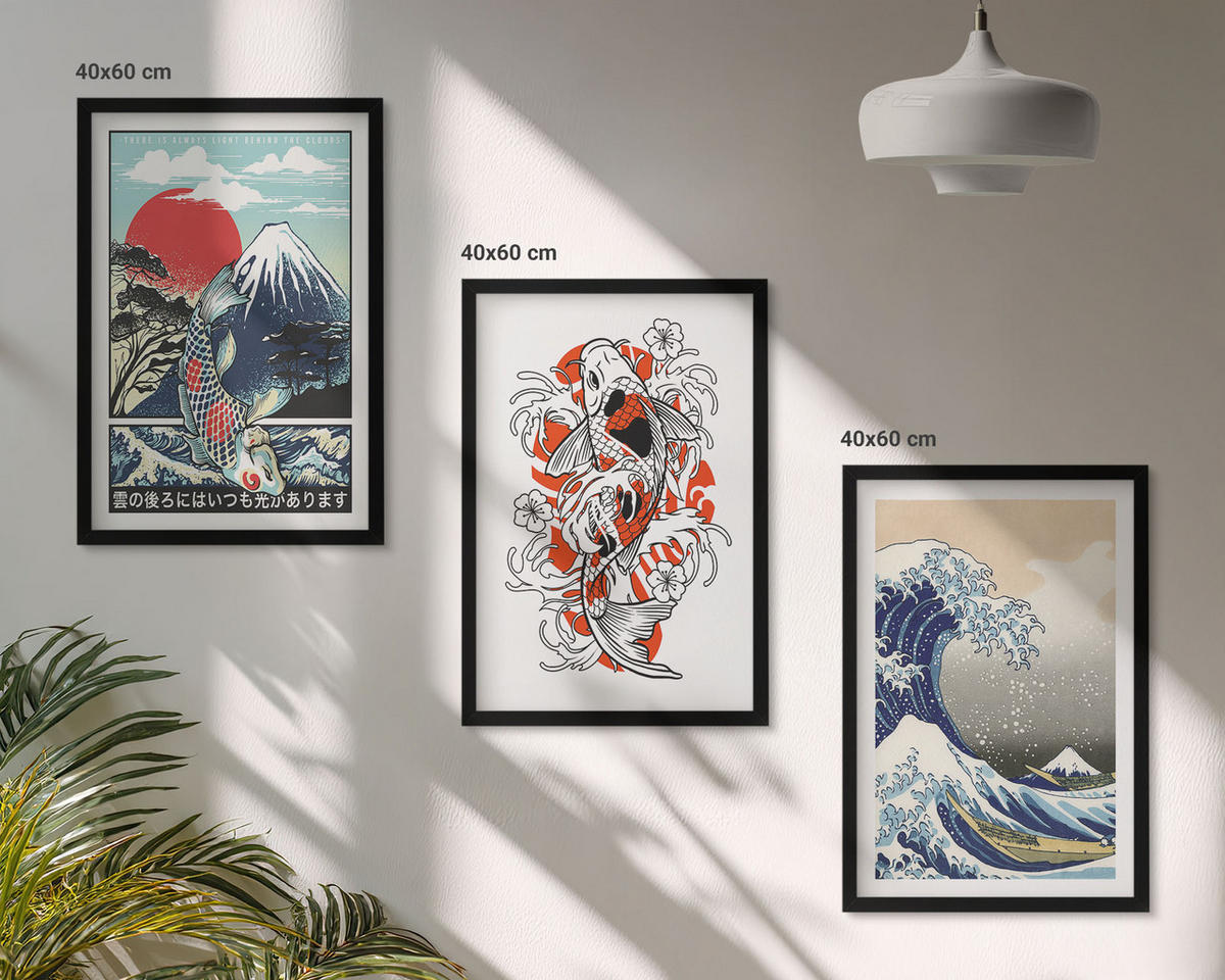 BILDER SET 3er Set - 40x60 cm Schwarzer Rahmen - Berge von Fischen Große Welle Japan - Schwarz, Kunststoff (40/60cm) - TULUP
