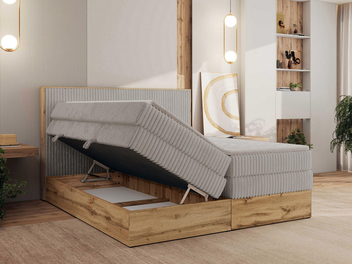 BOXBETT WOOD CLASSIC KING 160/200 - Hellgrau Cord - H3 - Hellgrau, Textil (160/200cm) - MKS