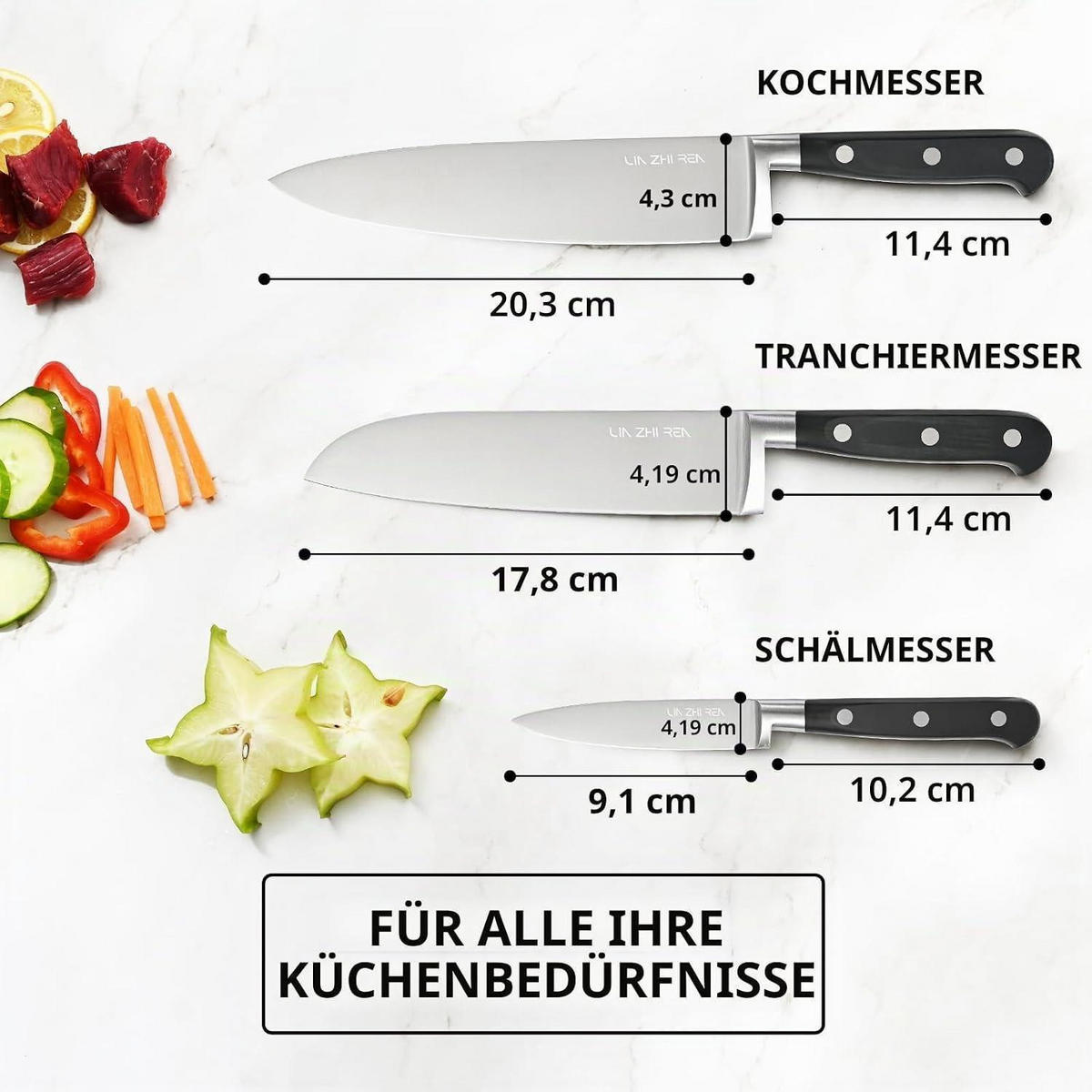 KÜCHENMESSERSET 3-teiliges Set Edelstahl rostfrei ergonomischer Griff - Silberfarben, Metall