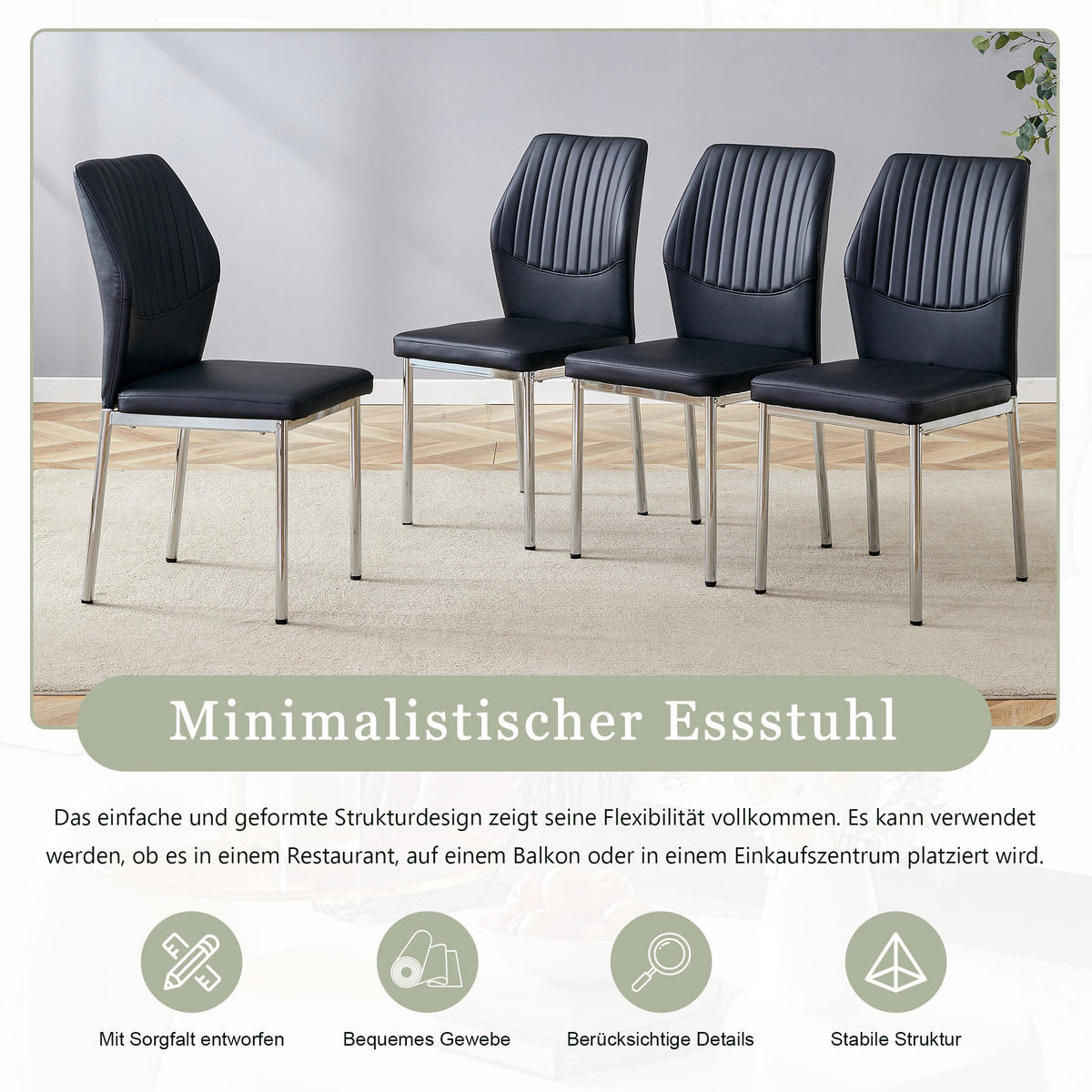 STUHL-SET DE-36577 4 Stück mit PU-Bezug und Metallbeinen Schwarz - Schwarz, Metall (42.6/93/43cm) - ComfortXL