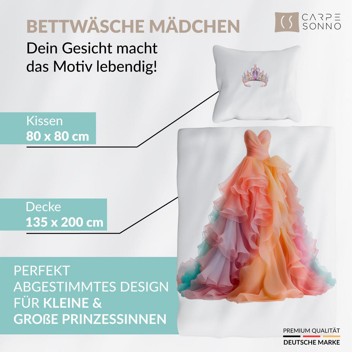 KINDERBETTWÄSCHE 135x200 Prinzessin aus 100% Baumwolle - Dein Gesicht vervollständigt das Design der Kinder Bettwäsche - Weiß, Textil (135/200cm) - Carpe Sonno