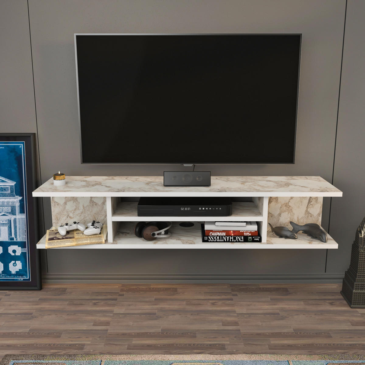 TV-ELEMENT Pivot Weiß Marmor Decor - Creme/Weiß, Holzwerkstoff (29.5/23.2/120cm) - Decorotika