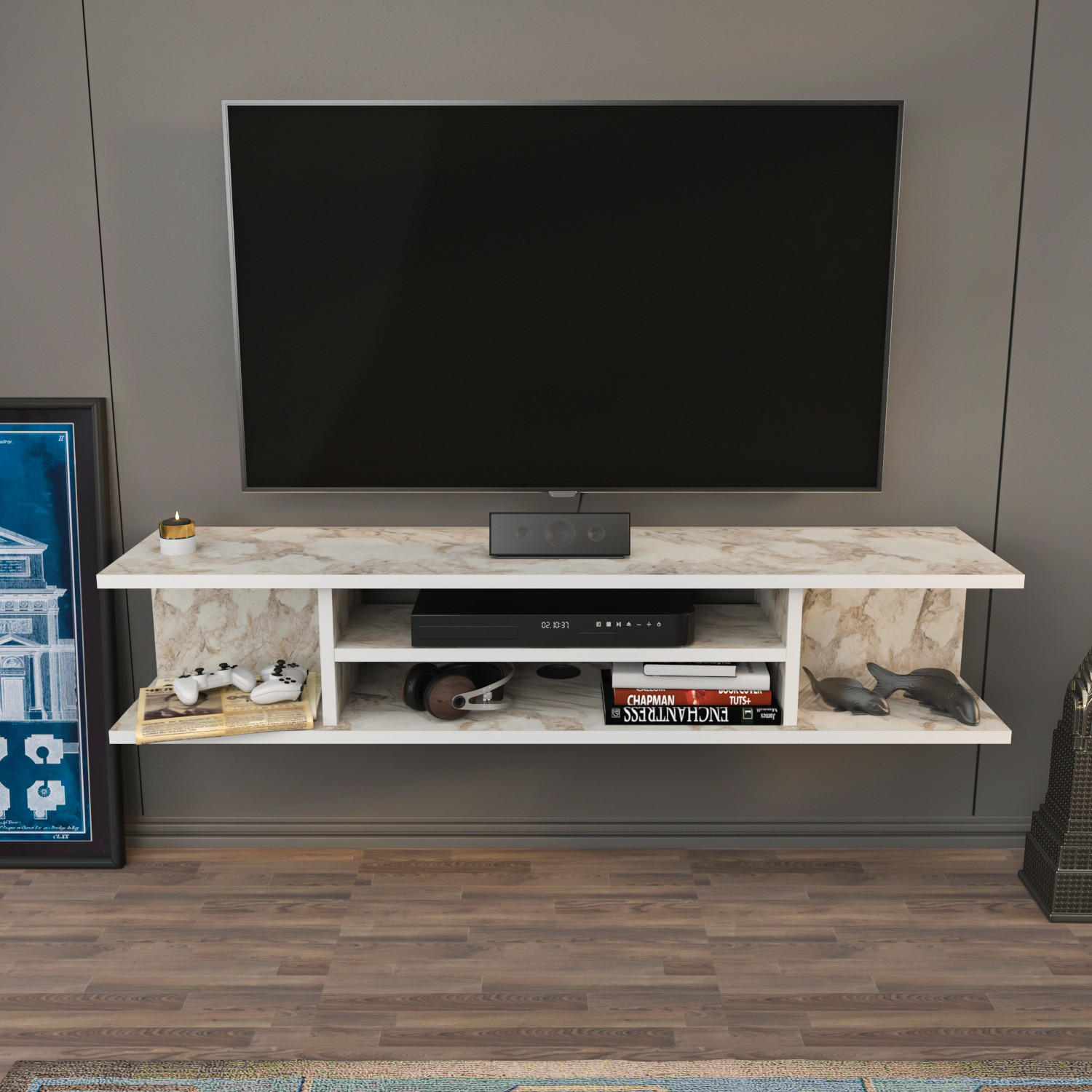 Thumbnail - Decorotika Tv-Element, Weiß, Creme, Holzwerkstoff, Rechteckig, 29.5x23.2x120 cm, Wohnzimmer, Wohnwände, Lowboards, Lowbo...