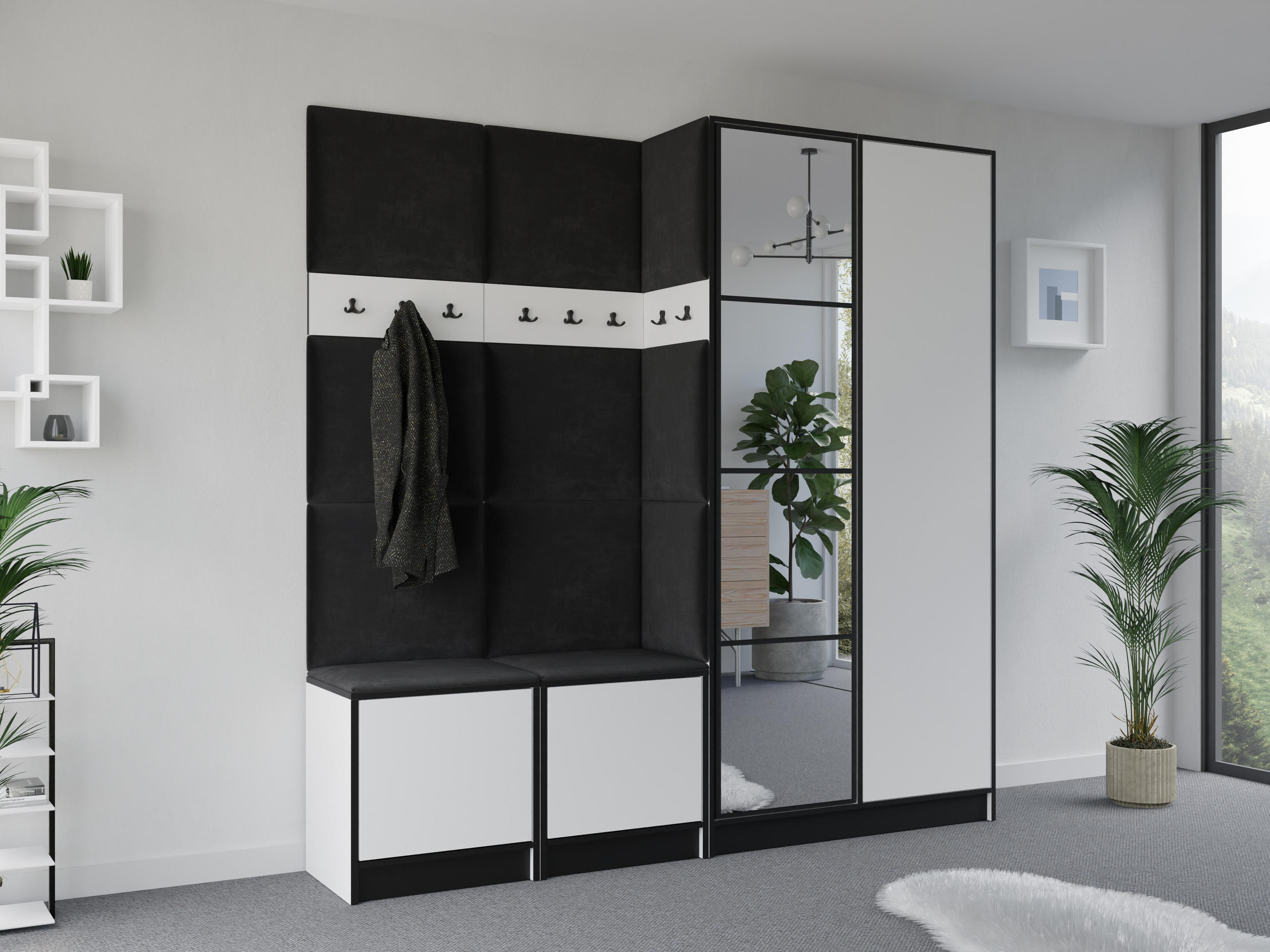 GARDEROBENSCHRANK EDEN 21 mit Spiegel - Weiß & Stoff Schwarz - Schwarz/Weiß, Holzwerkstoff (211/205/39cm) - Kier Furniture