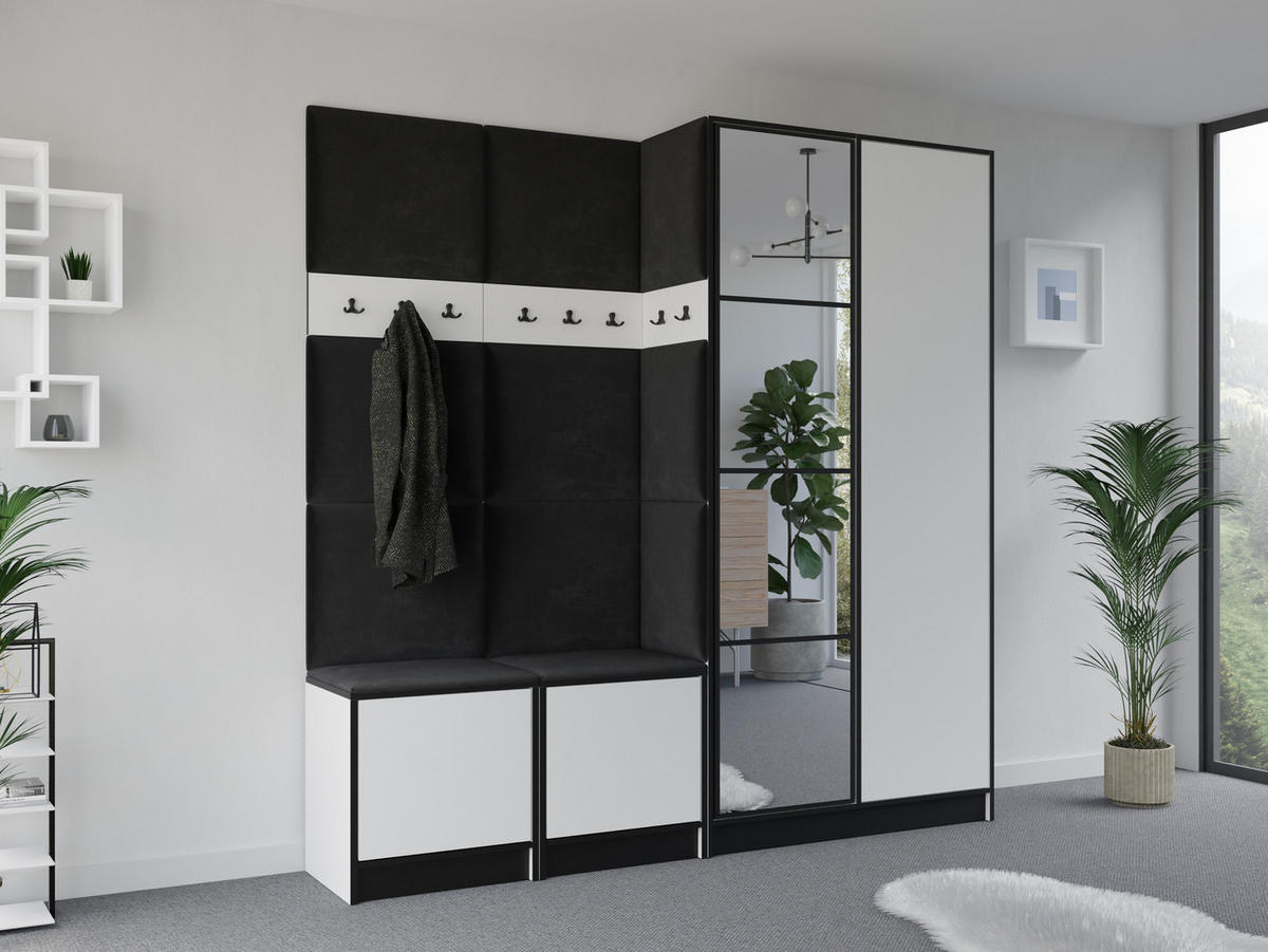 GARDEROBENSCHRANK EDEN 21 mit Spiegel - Weiß & Stoff Schwarz - Schwarz/Weiß, Holzwerkstoff (211/205/39cm) - Kier Furniture
