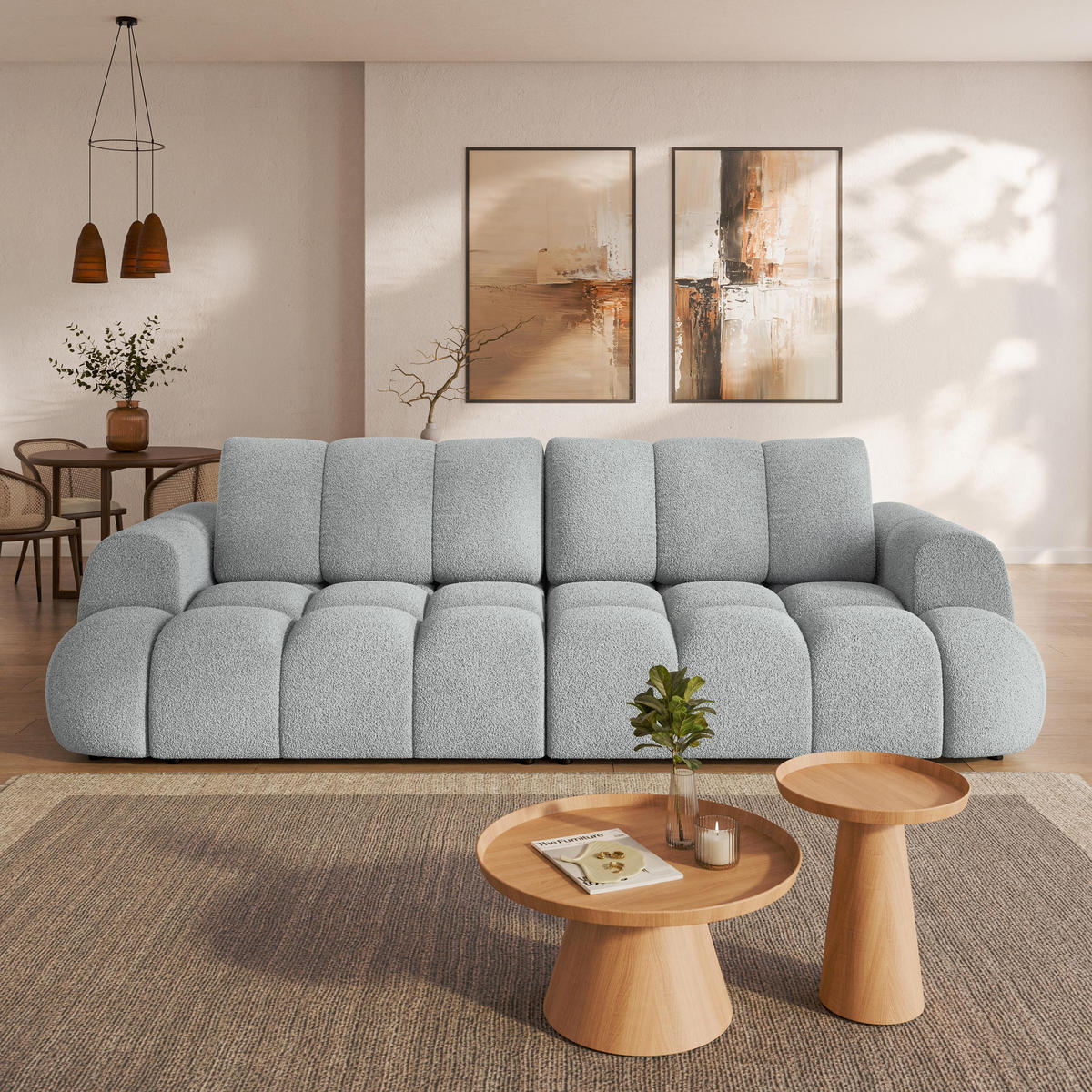 BETTSOFA DAFNE Hellgrau Bucle-Stoff mit Schlaffunktion - Hellgrau, Textil (300/88/113cm) - MASSENO