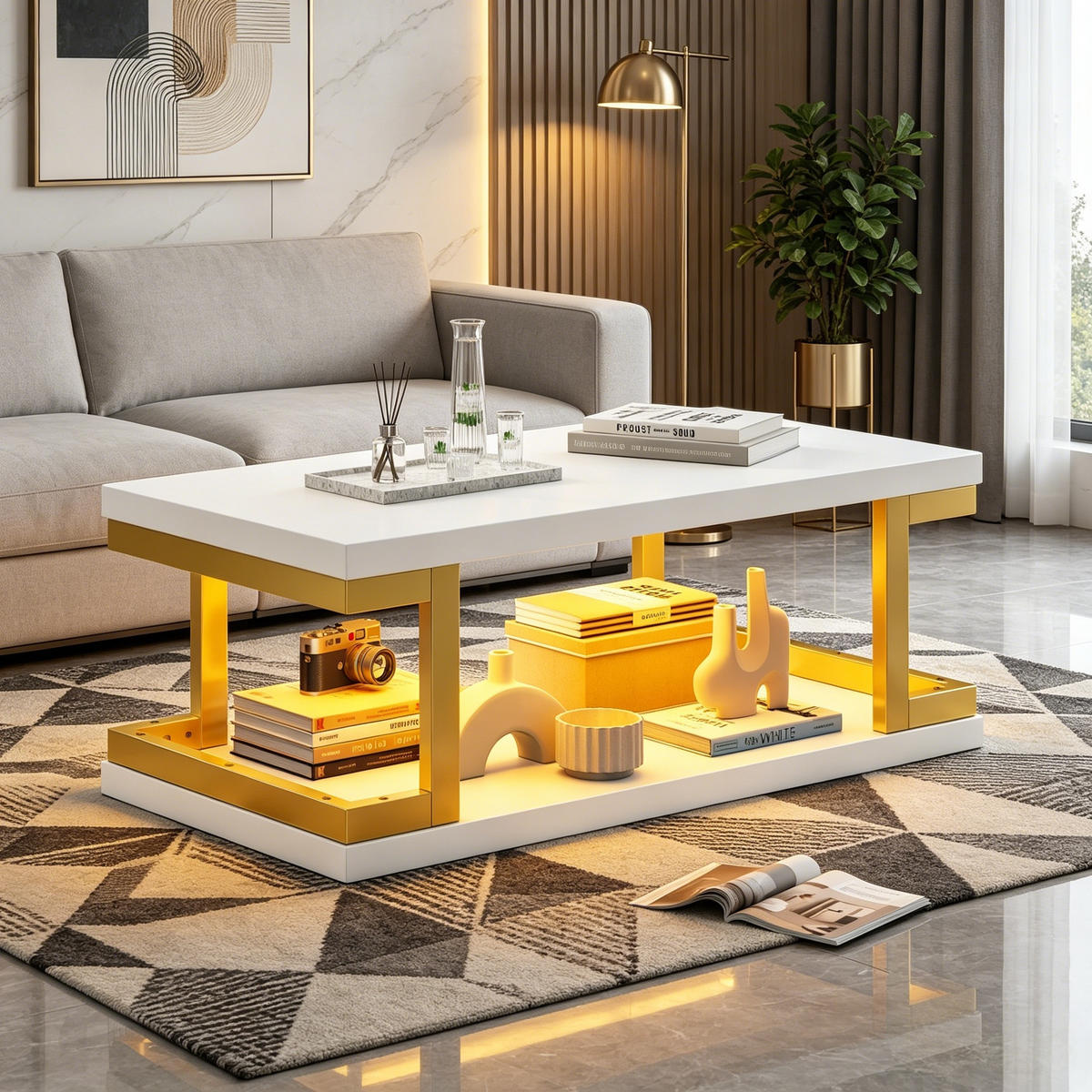 COUCHTISCH mit LED-Beleuchtung und Stauraum Weiß/Gold 100/50/37.5 cm - Goldfarben/Weiß, Holzwerkstoff/Metall (100/50/37.5cm) - EVRYAE