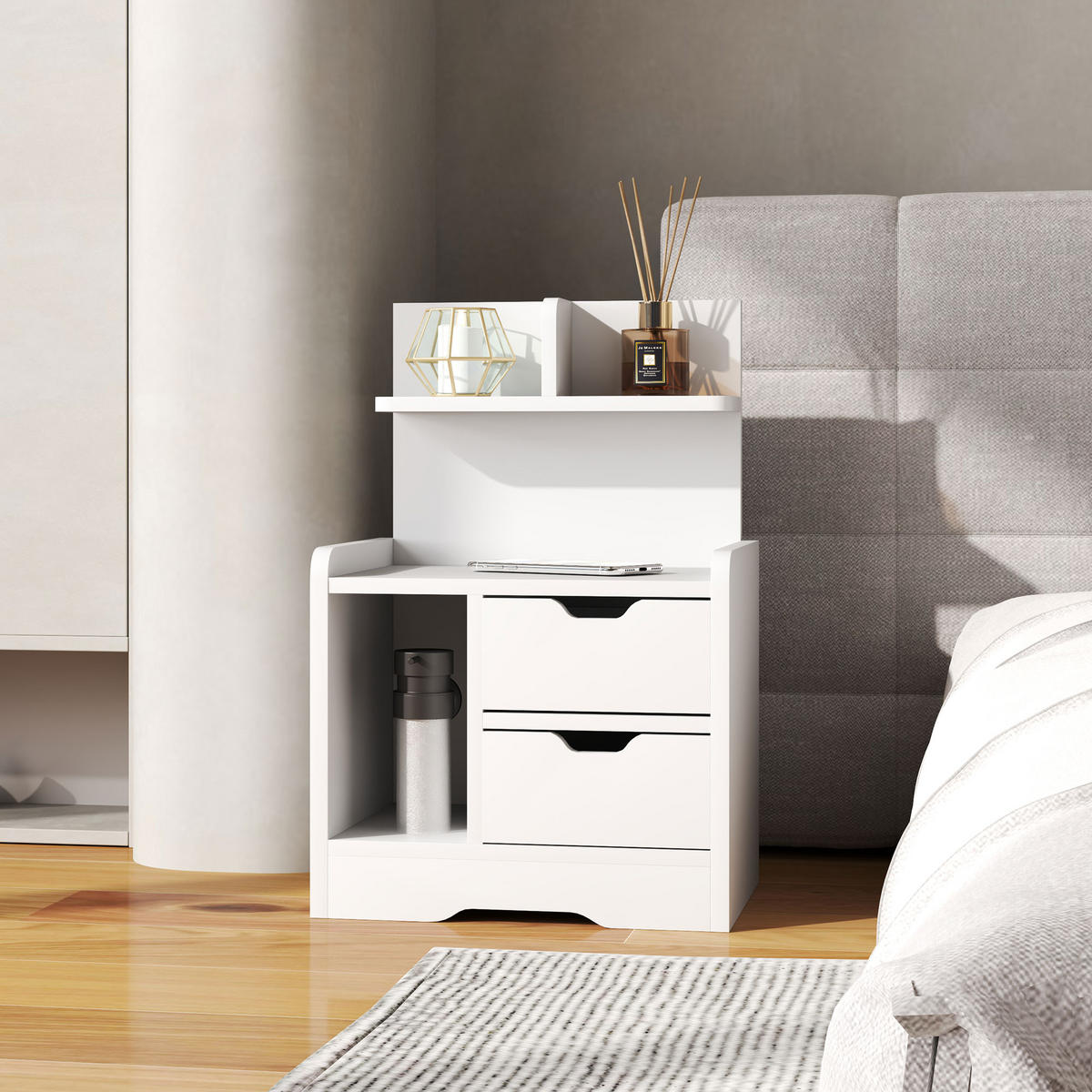 NACHTTISCH mit 2 Schubladen, Beistelltisch, Nachtschrank mit offenen Ablage Weiß - Weiß, Holzwerkstoff (30/60/40cm) - HOMCOM