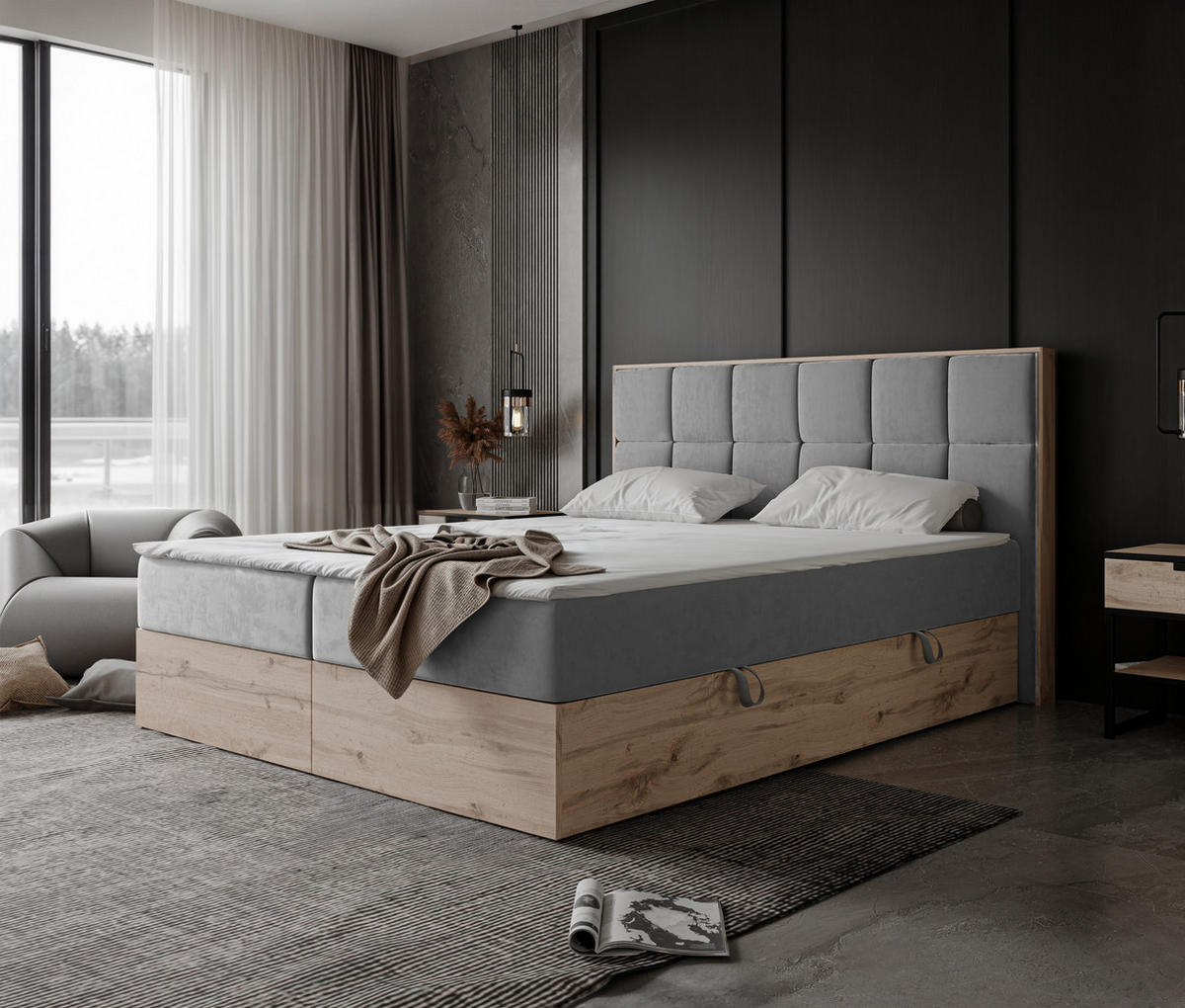 BOXBETT LAVIO II 200/200 cm, in Grau, mit Matratze und Topper - Grau, Holzwerkstoff/Textil (200/200cm) - Idohome