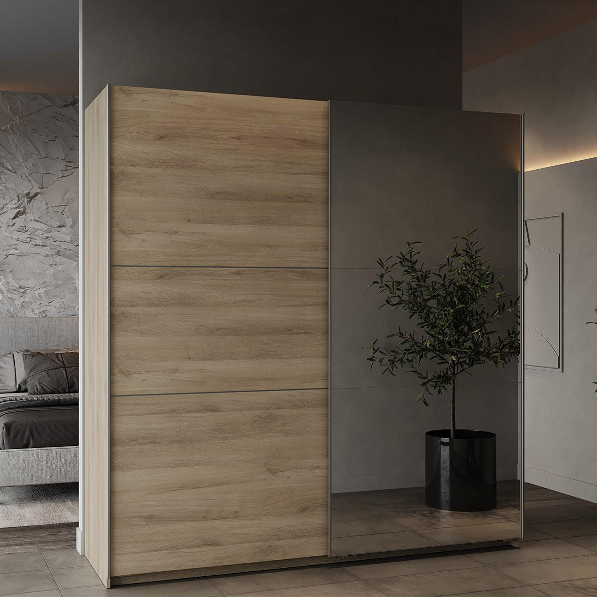 KLEIDERSCHRANK, 2 Schiebetüren mit Spiegel - GHOST - Eiche - 194,5 x 59,9 x 203 cm - Beige, Holz (59.9/203/148cm) - Demeyere