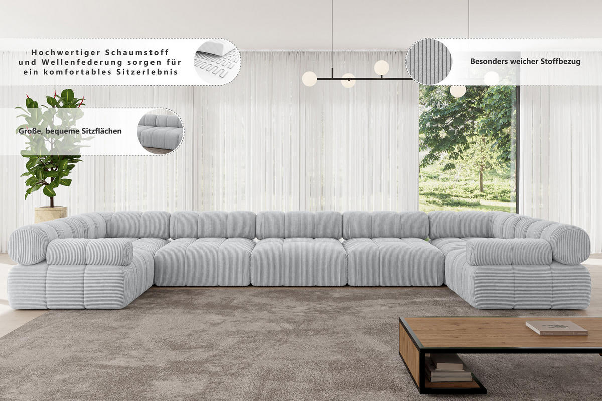 WOHNLANDSCHAFT modulares Sofa Birno-U3 - 475x190x70 cm Schwarz Velours - Schwarz, Holzwerkstoff/Textil (475/70/190cm) - ALTDECOR