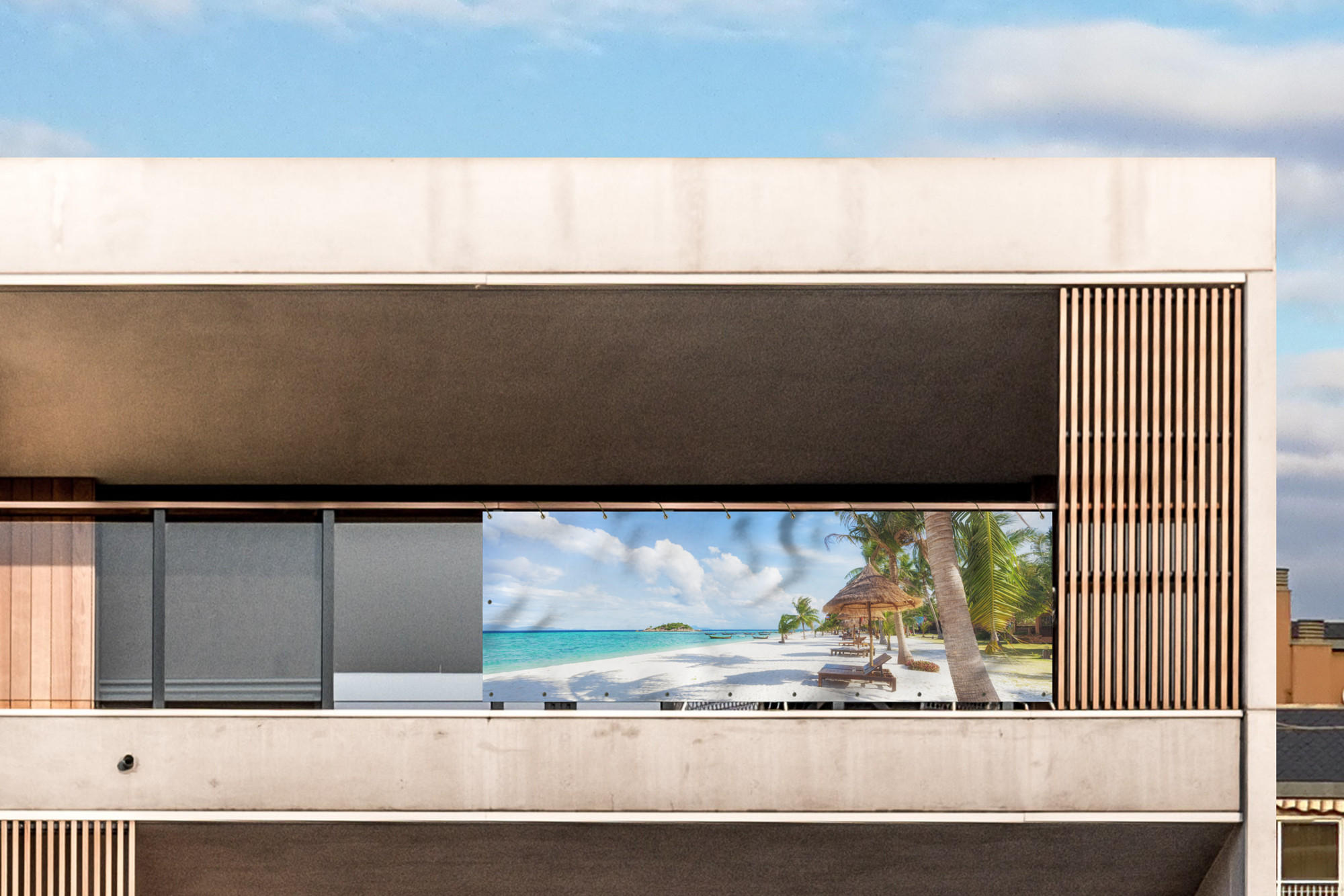 BALKON-SICHTSCHUTZ Strand - Meer - Palmen 300x100 cm - Hellblau, Kunststoff (300/100cm) - MuchoWow