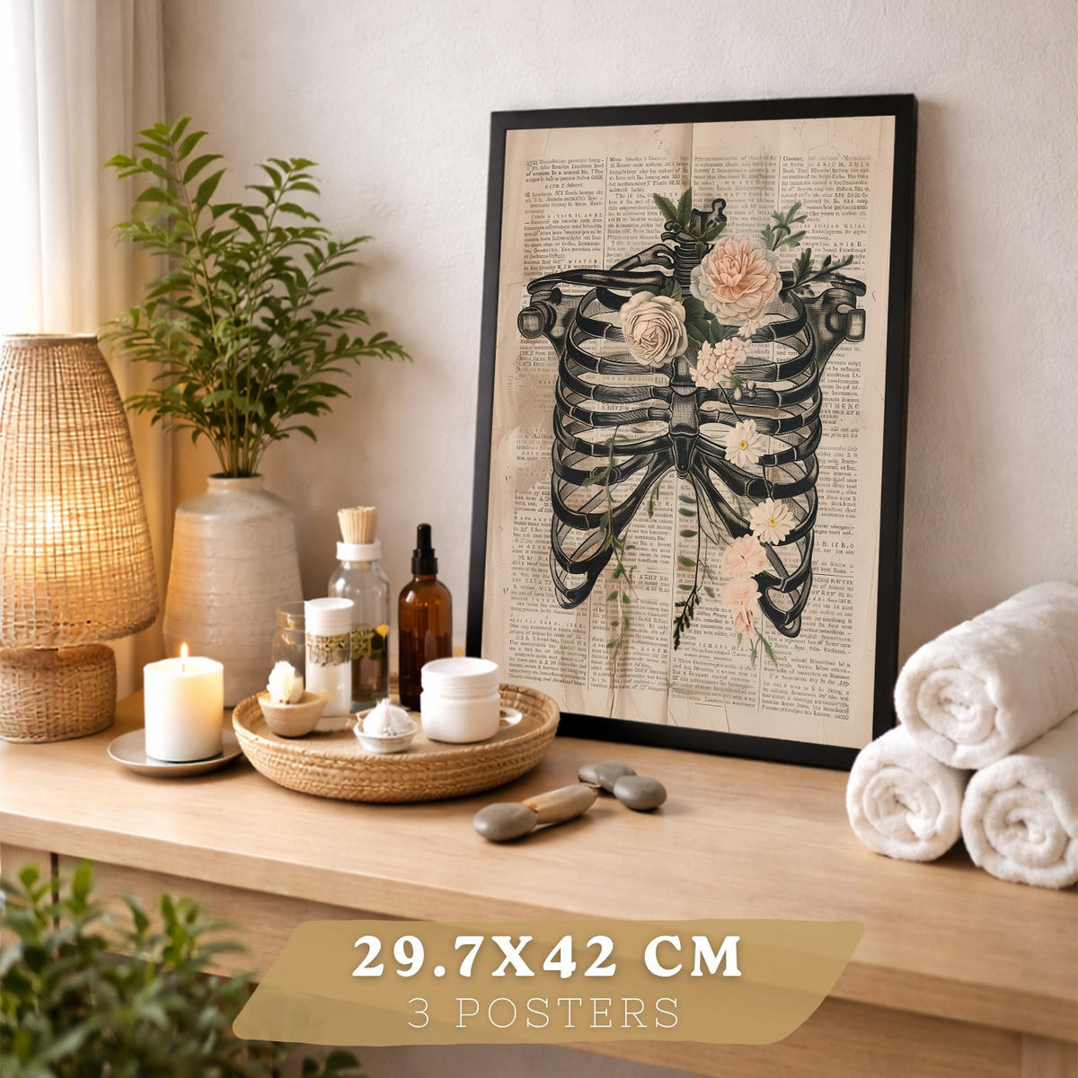 POSTER Set aus 3 Anatomie Mensch Drucke und Wandbilder mit Leber Rippen und Schädel Retro Floraler Stil Medizinische Wanddekoration Größe Rahmenlos A3 - Klar, Papier (29.7/42/3cm) - Nacnic
