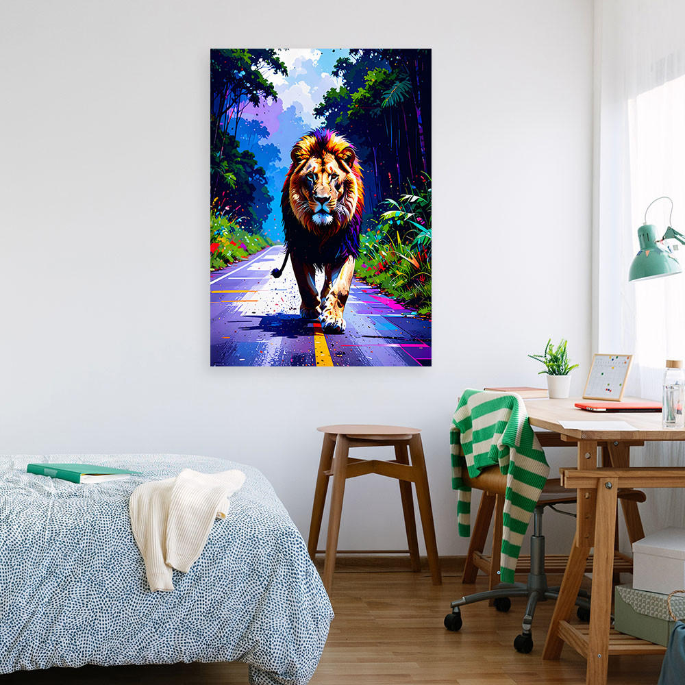 LEINWANDBILD Löwe auf der Straße Dschungel 40x60cm - Multicolor, Textil (40/60cm) - Feeby