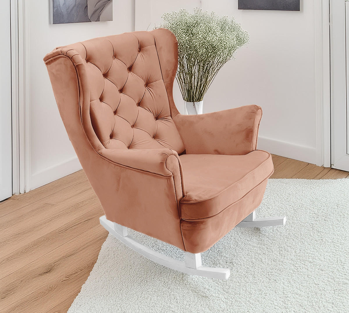 SCHAUKELSESSEL mit gepolstertem Sitz und Armlehnen, 102x81x95 cm, Powder Pink_29830 - Weiß/Rosa, Holz/Textil (81/102/95cm) - DomoHome